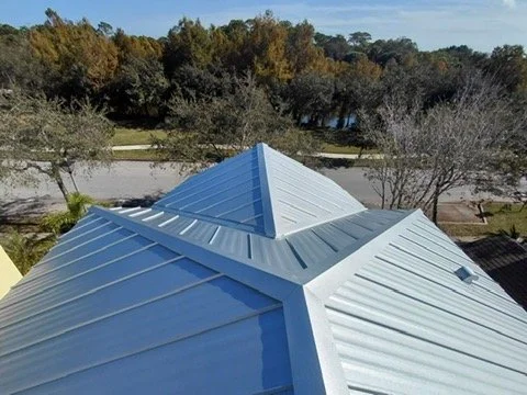View of a metal roof with multiple slopes and peaks, against a background of trees and a grassy landscape.