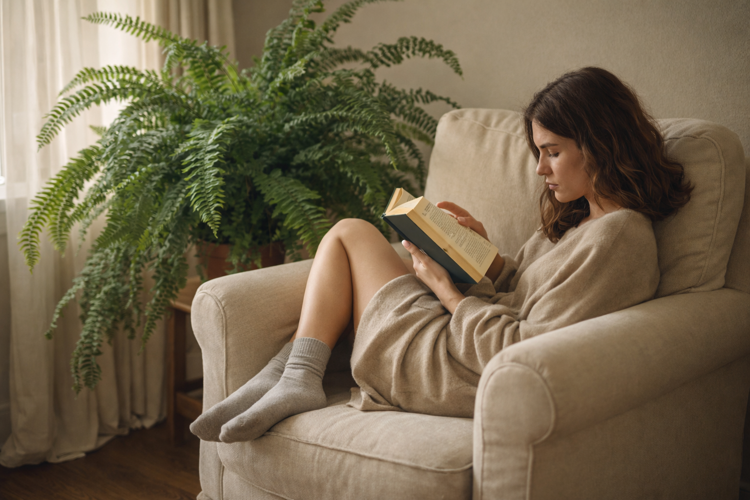 Woman sitting in a chair reading