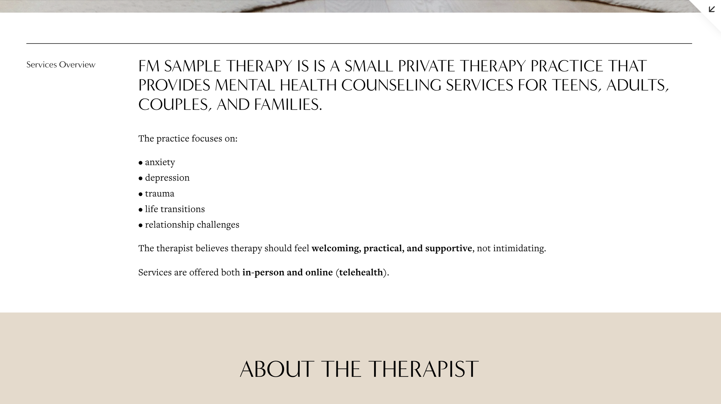 Screenshot of a webpage section titled 'Services Overview' describing FM Sample Therapy's counseling services for teens, adults, couples, and families, focusing on anxiety, depression, trauma, life transitions, and relationship challenges, emphasizing a welcoming and practical approach, with services available both in person and online.