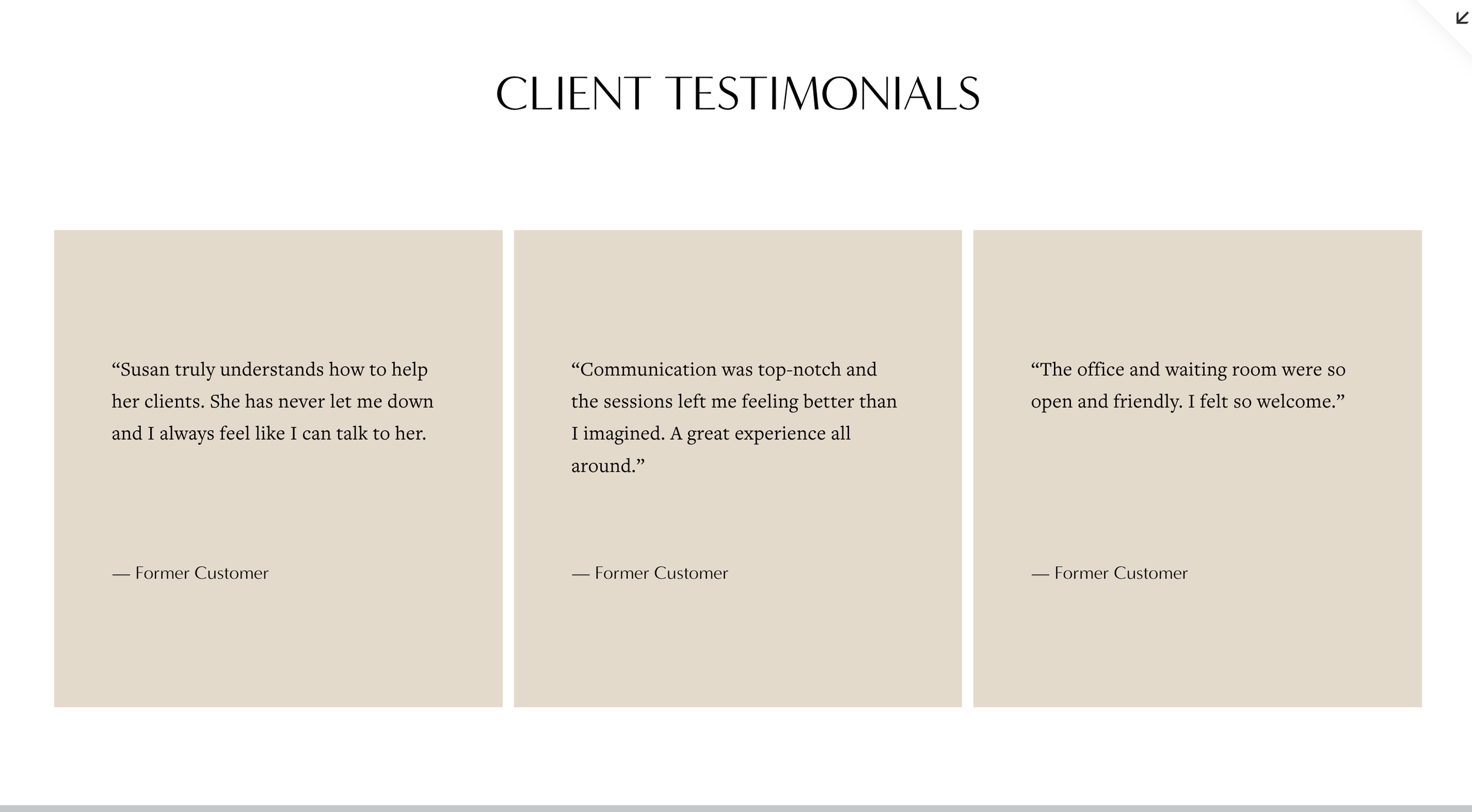 Three client testimonials in beige boxes with quotes and attributions on a webpage. The page title reads "Client Testimonials."
