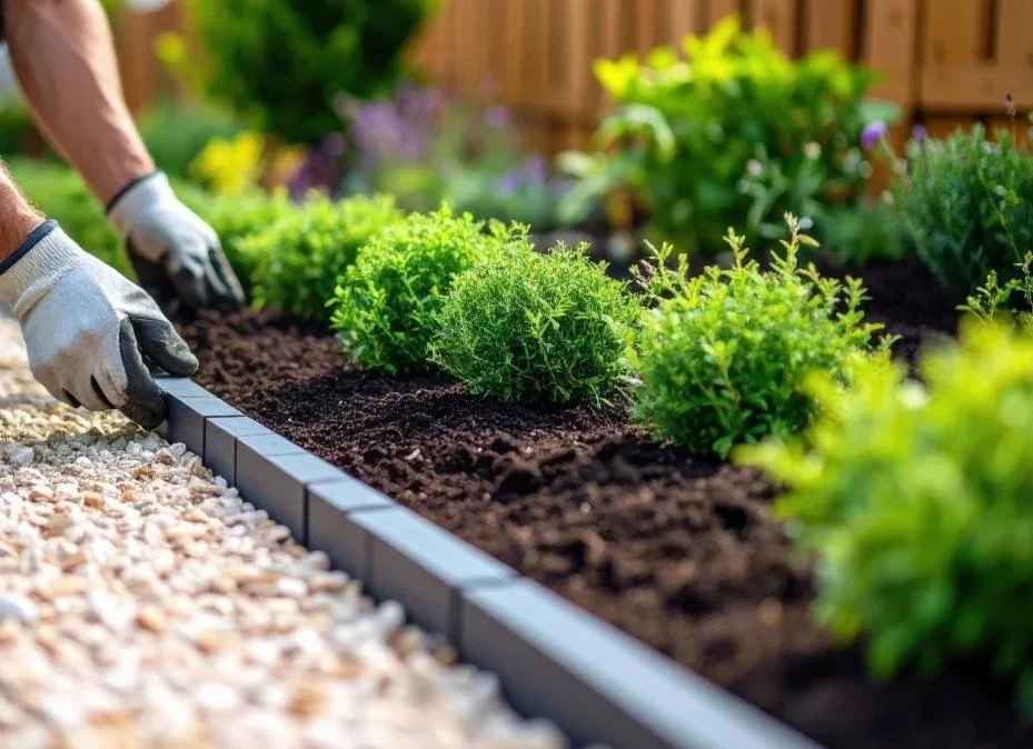 Hands cleaning up a landscape installation with plants and paver edges as a part of Bend Oregon Landscape Maintenance Service