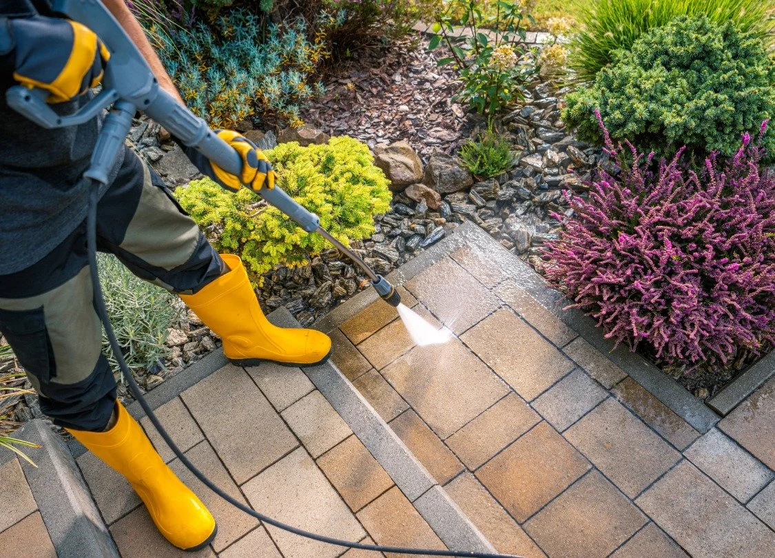 A person pressure washing a freshly installed paver steps with hardscaping around the paver installation for a landscape construction project