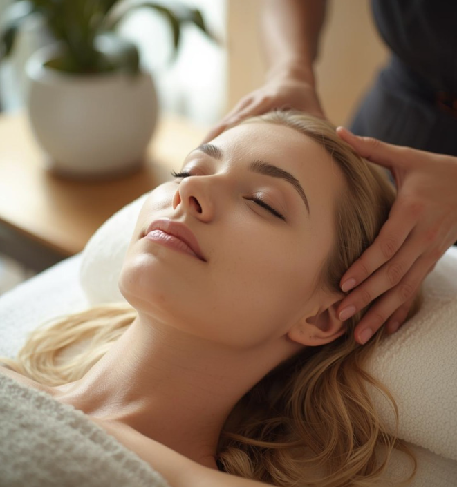 A woman receives a massage in a spa or massage therapy setting, lying on her back with eyes closed and a relaxed expression.