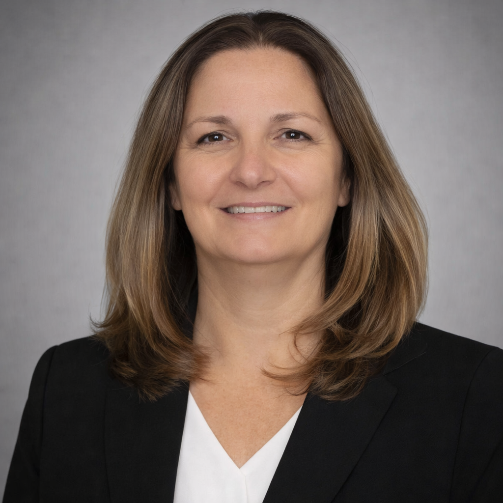A woman with shoulder-length brown hair wearing a black blazer and white blouse, smiling against a gray background.