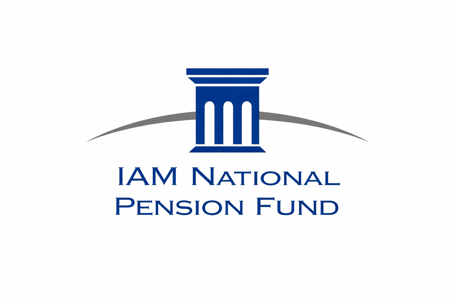 Logo of the IAM National Pension Fund featuring a blue column with a capital, a gray hill in the background, and the organization’s name below in blue text.