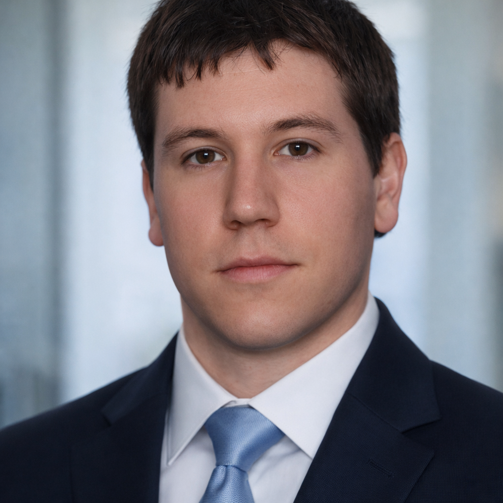 Professional headshot of a man in a suit with a blue tie, standing against a blurred background.
