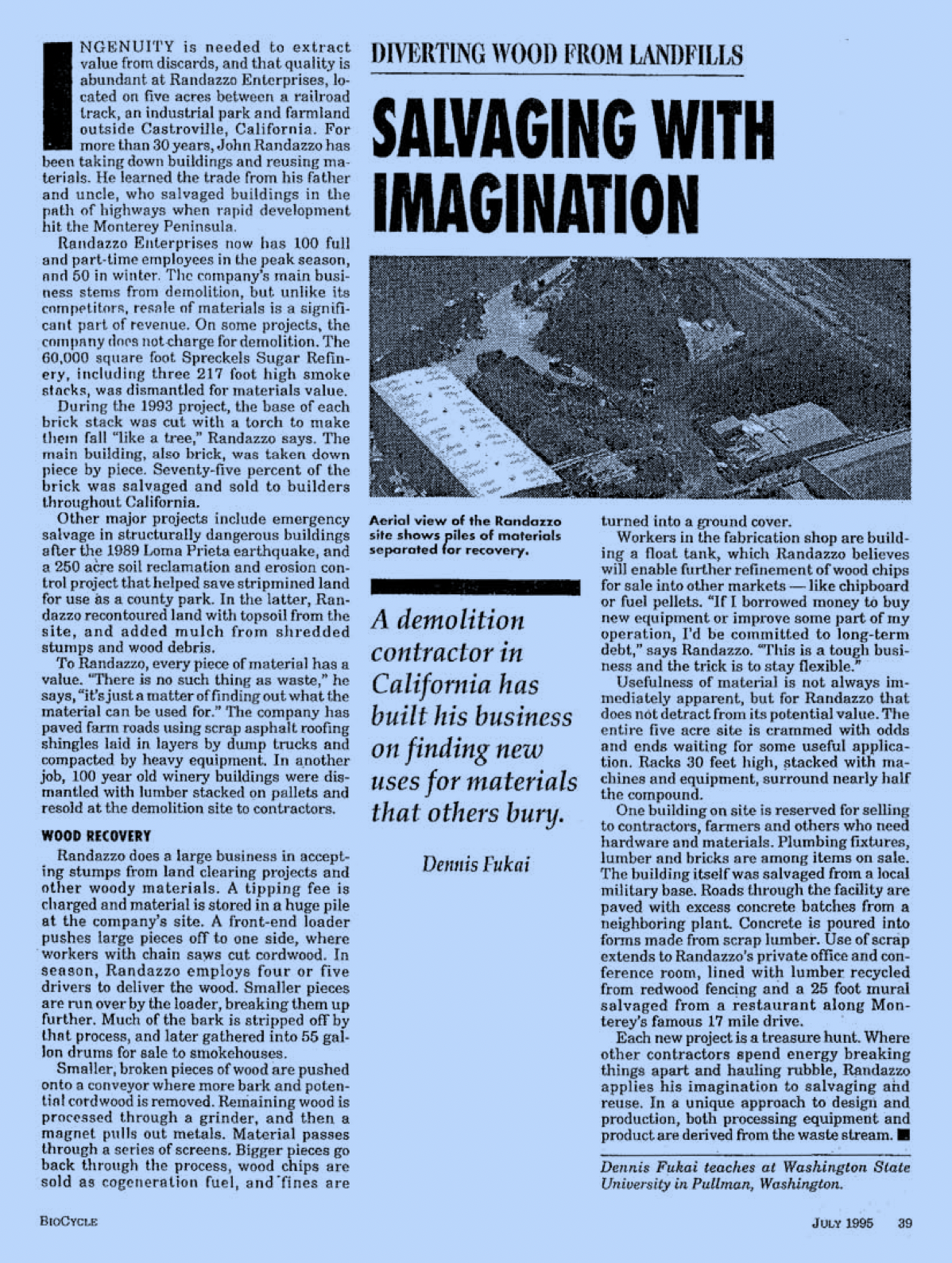 A newspaper article titled "Salvaging with Imagination" with a black-and-white aerial photograph of a salvage site showing piles of materials. The article discusses how demolitions of old buildings are repurposed for new uses, highlighting a contractor in California who builds with reclaimed materials.