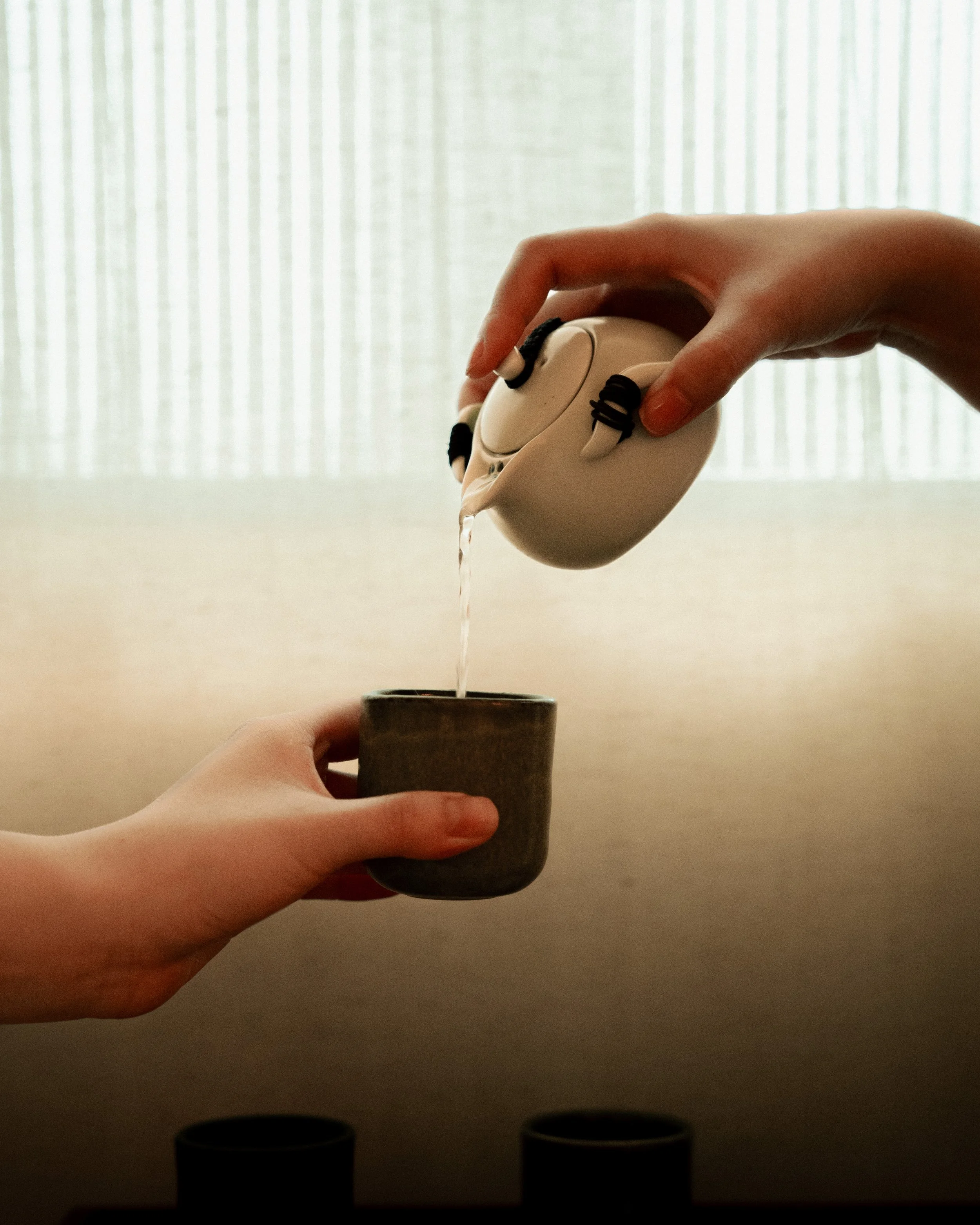 Person pouring tea from white teapot into a dark ceramic cup against a light background.