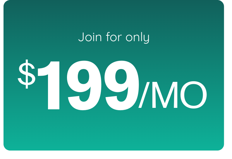 Advertisement for a service or membership costing $199 per month, with the text 'Join for only $199/MO' on a gradient green background.