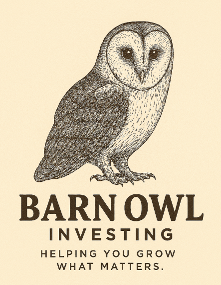 Illustration of an owl with the text 'Barn Owl Investing Helping You Grow What Matters'.