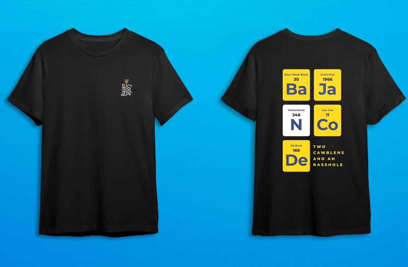 Black T-shirt with yellow and white graphic design inspired by the periodic table on the back, and a smaller design on the front with vertical text.