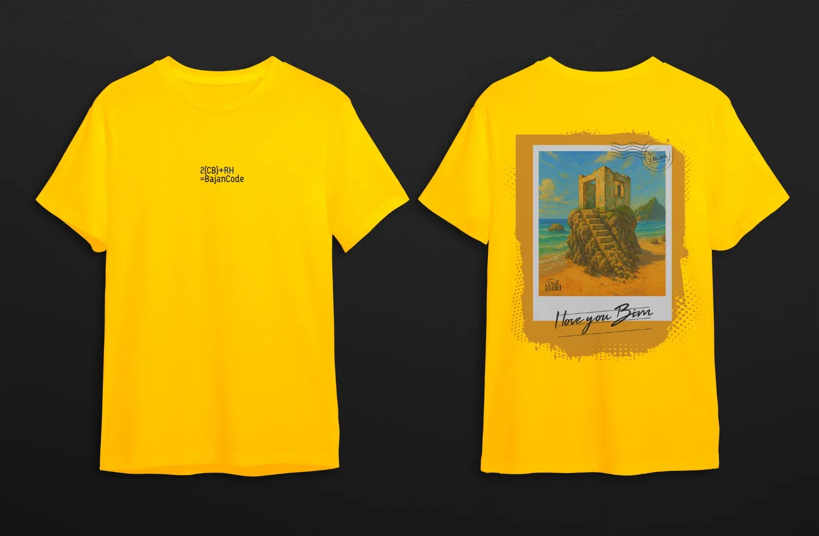 Yellow T-shirt with black text on the front that reads '2(CB)+RH=BajanCode' and an illustration of a ruin on a rocky island with stairs leading up to it, set against a beach background with palm trees and water, and a handwritten phrase 'Love you Biam' at the bottom.