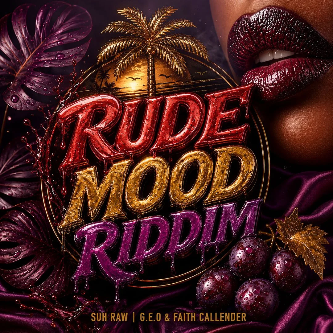 Neon-style text reading 'Rude Mood Riddim' with tropical background, purple and gold leaves, grapes, a sunset with a palm tree, and a close-up of lips with dark gloss.