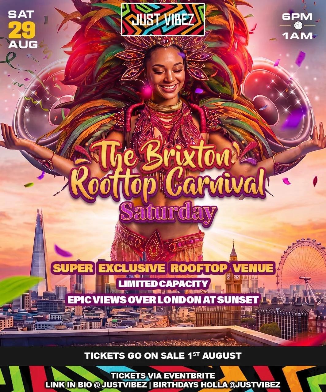 Promotional poster for the Brixton Rooftop Carnival with a smiling woman in colorful carnival costume, skyline background, event details including date, time, and ticket information.