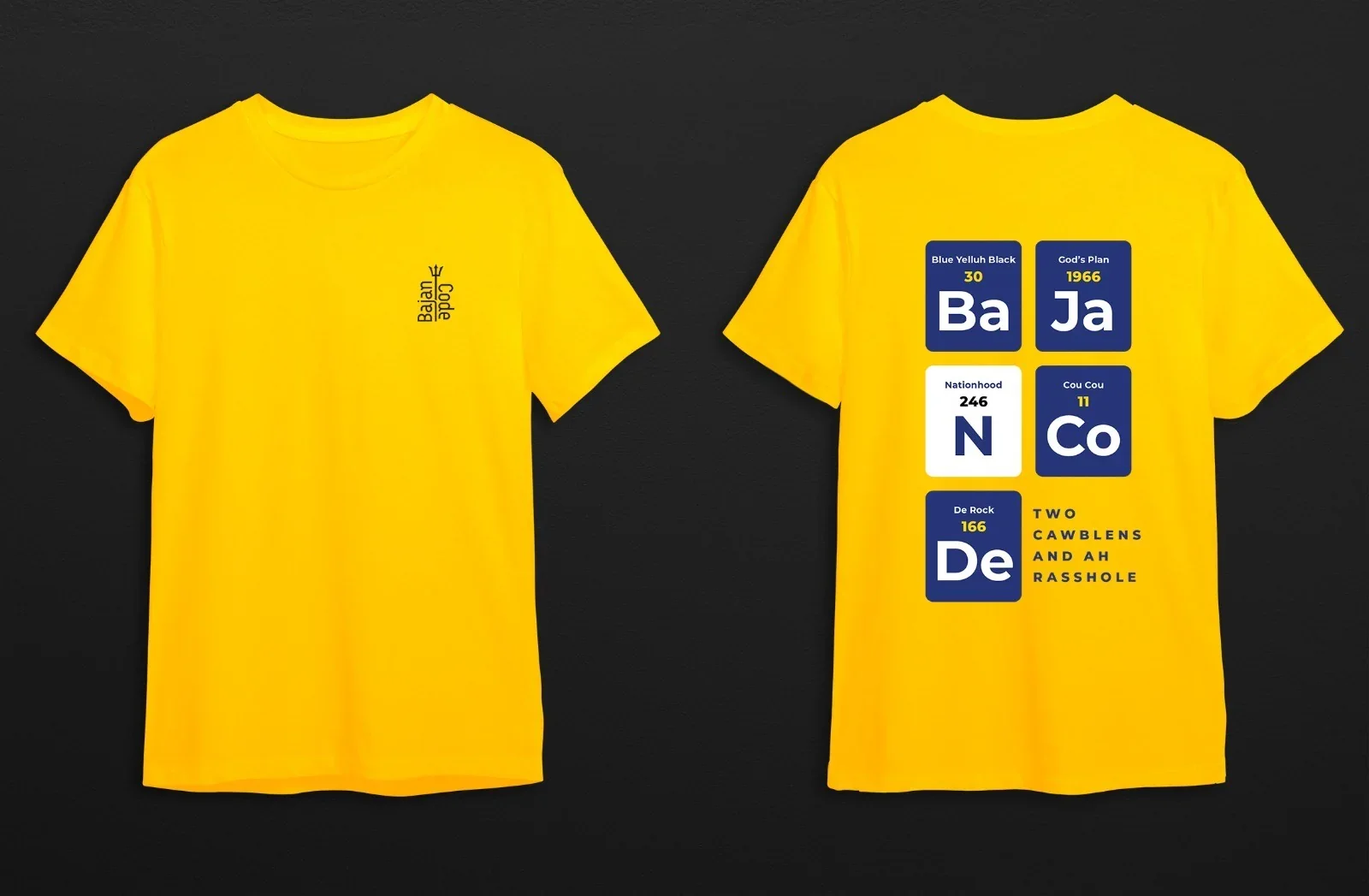 Yellow T-shirt with multiple blue, white, and yellow graphic design elements inspired by the periodic table of elements, featuring abbreviations and numbers, some with humor and random words.