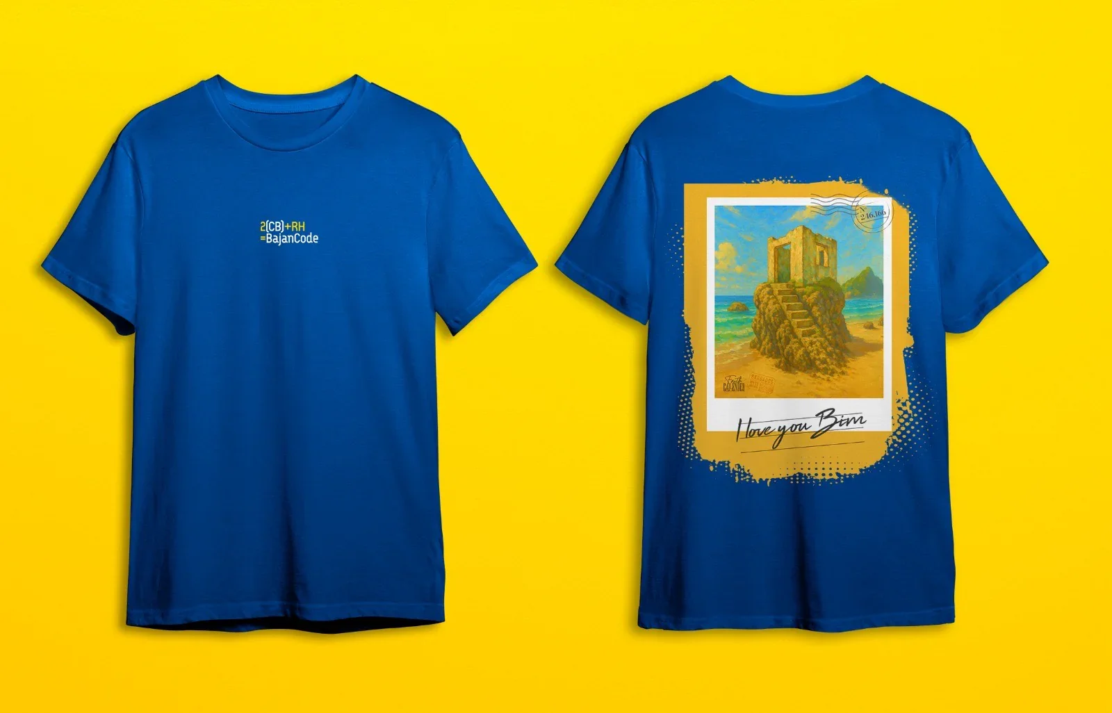 Blue T-shirt with a mathematical formula on the front and a colorful rectangular illustration of a beach scene with ruins on the back, set against a bright yellow background.