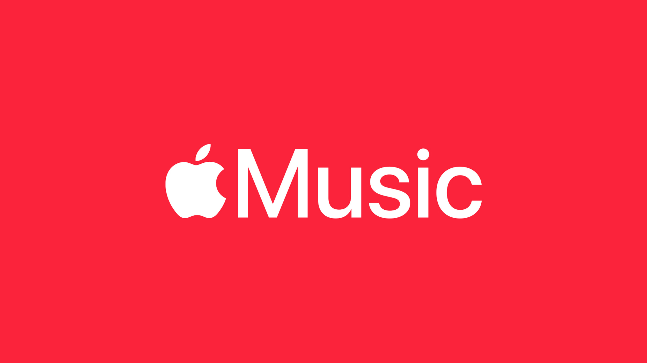 Apple Music logo with white Apple logo and the word 'Music' on a red background.