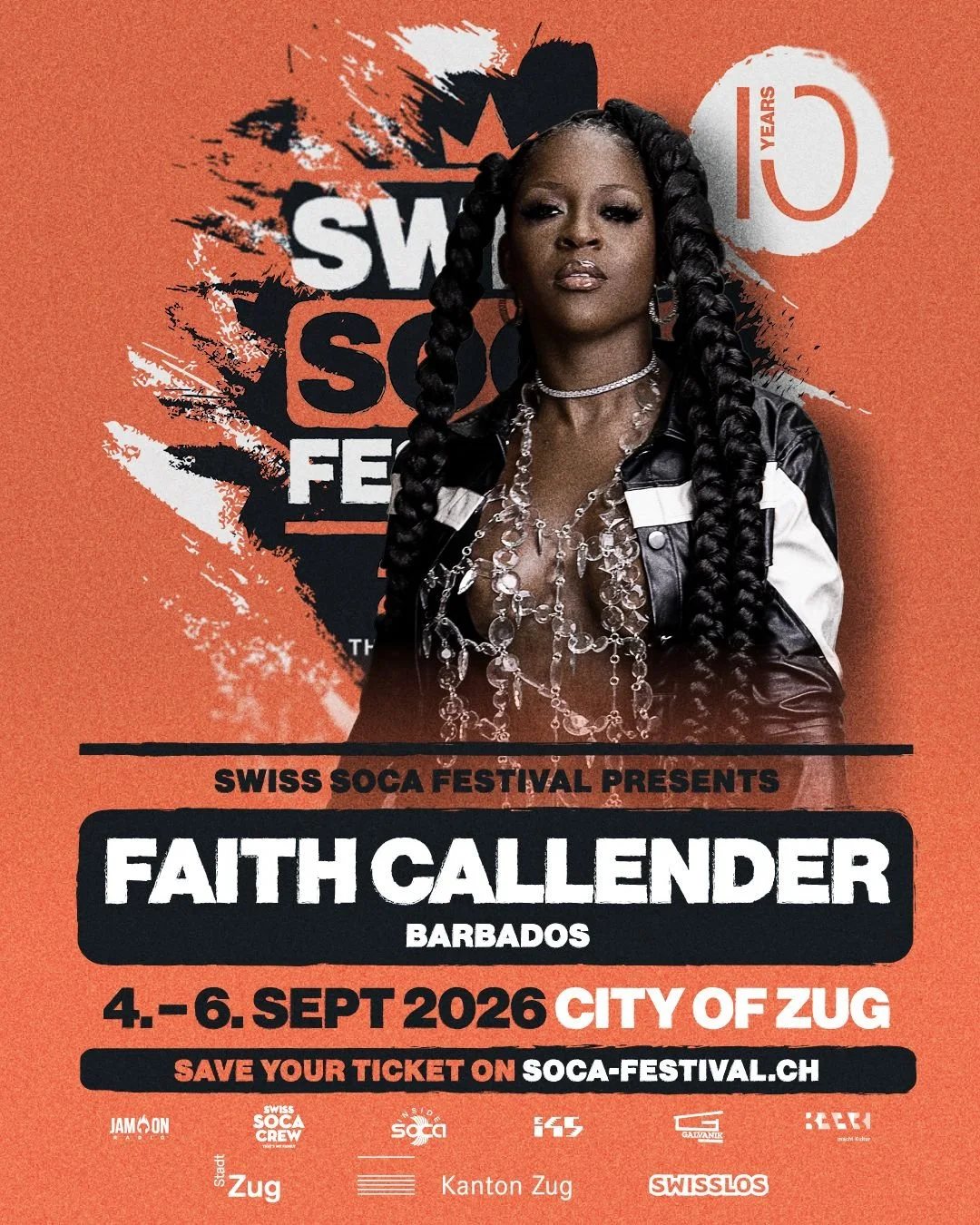 Footage promoting the Swiss Soca Festival in Barbados, featuring a woman with long braided hair and jewelry, with event details stating it runs from September 4 to 6, 2026, at Kadooment City, Zug, Switzerland.