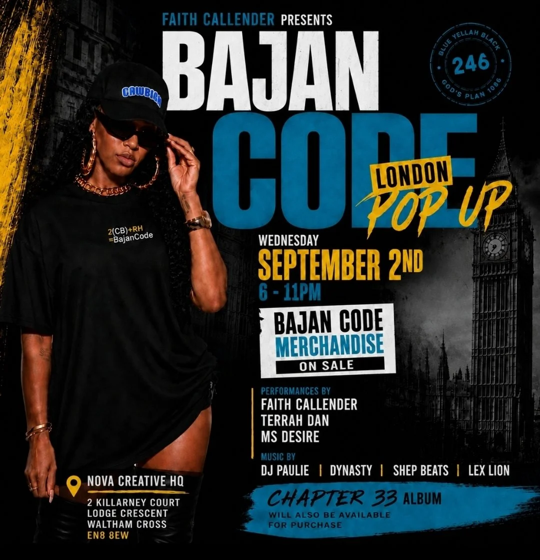 Event poster for Bajancode London pop-up on September 2nd, 6-11 PM at Nova Creative HQ. Features Faith Callender, Terraah Dan, MS Desire, with music by DJ Paulie, Dynasty, Shep Beats, Lex Lion. Shows a woman in black clothing wearing sunglasses and a