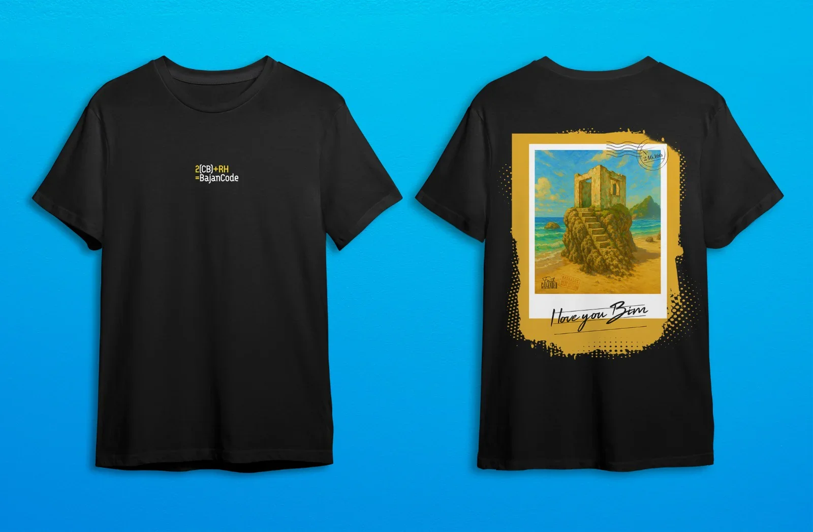 Black T-shirts with colorful printed designs, displayed on a bright blue background. The front of the left shirt says "2[CB]+RH = Bajancode" in white, yellow, and green text. The back of the right shirt features a painting of a landscape with a rocky staircase leading up to a small stone building, ocean waves, and mountains in the distance, bordered with yellow and black accents, and the phrase "Hope you Biam" handwritten at the bottom.