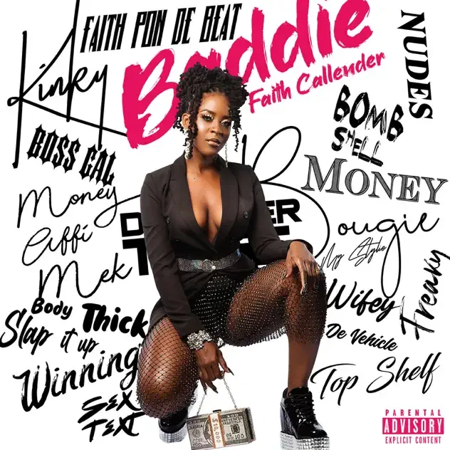 A woman with styled hair sitting with one knee up, dressed in a black blazer, fishnet pants, and sneakers, holding a purse shaped like money, with various words related to money, success, and attitude appearing around her.