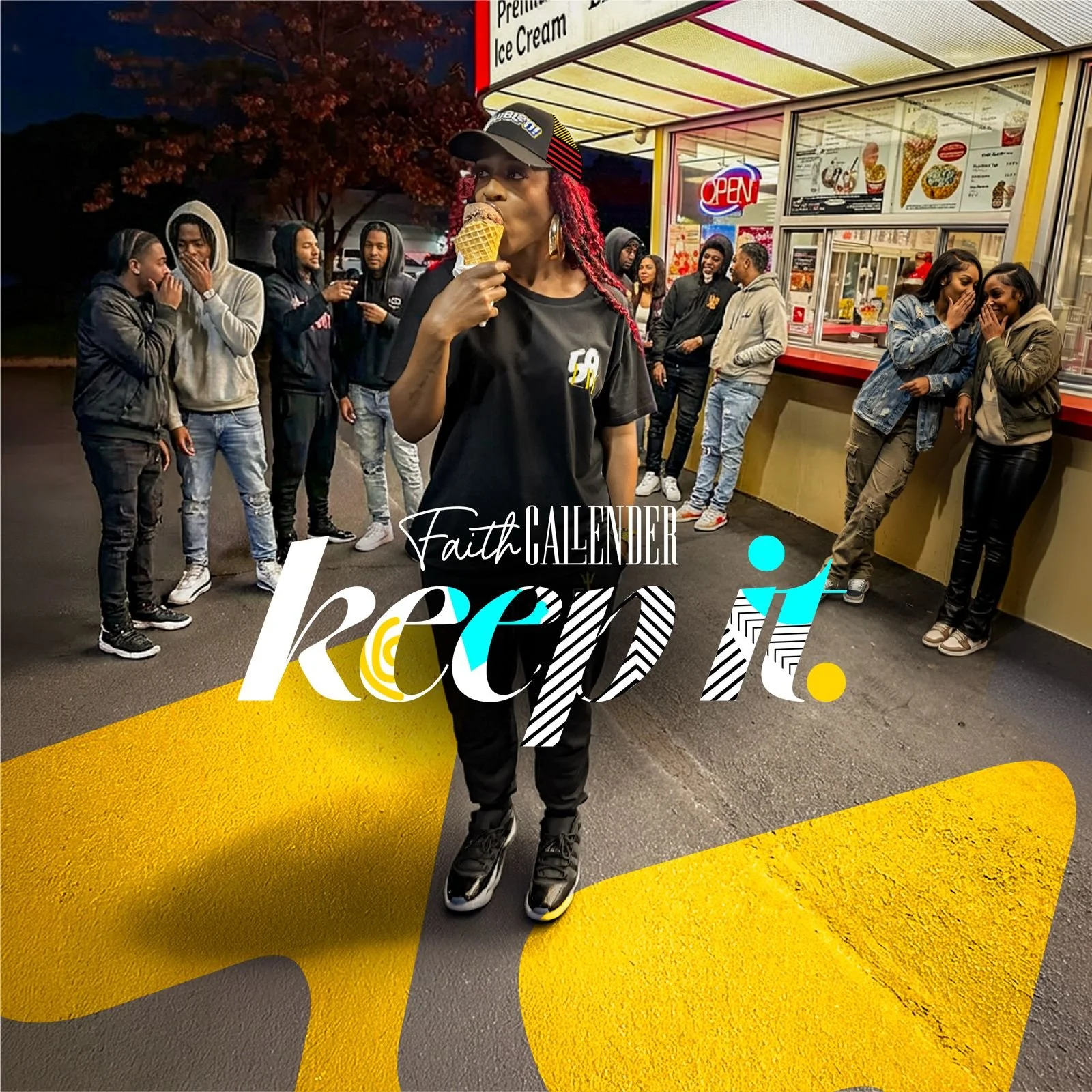 A woman with red braids, wearing a black cap and t-shirt, stands in front of a group of people outside a storefront at night, eating ice cream. The group includes young men and women engaged in conversation, with some whispering or talking among them