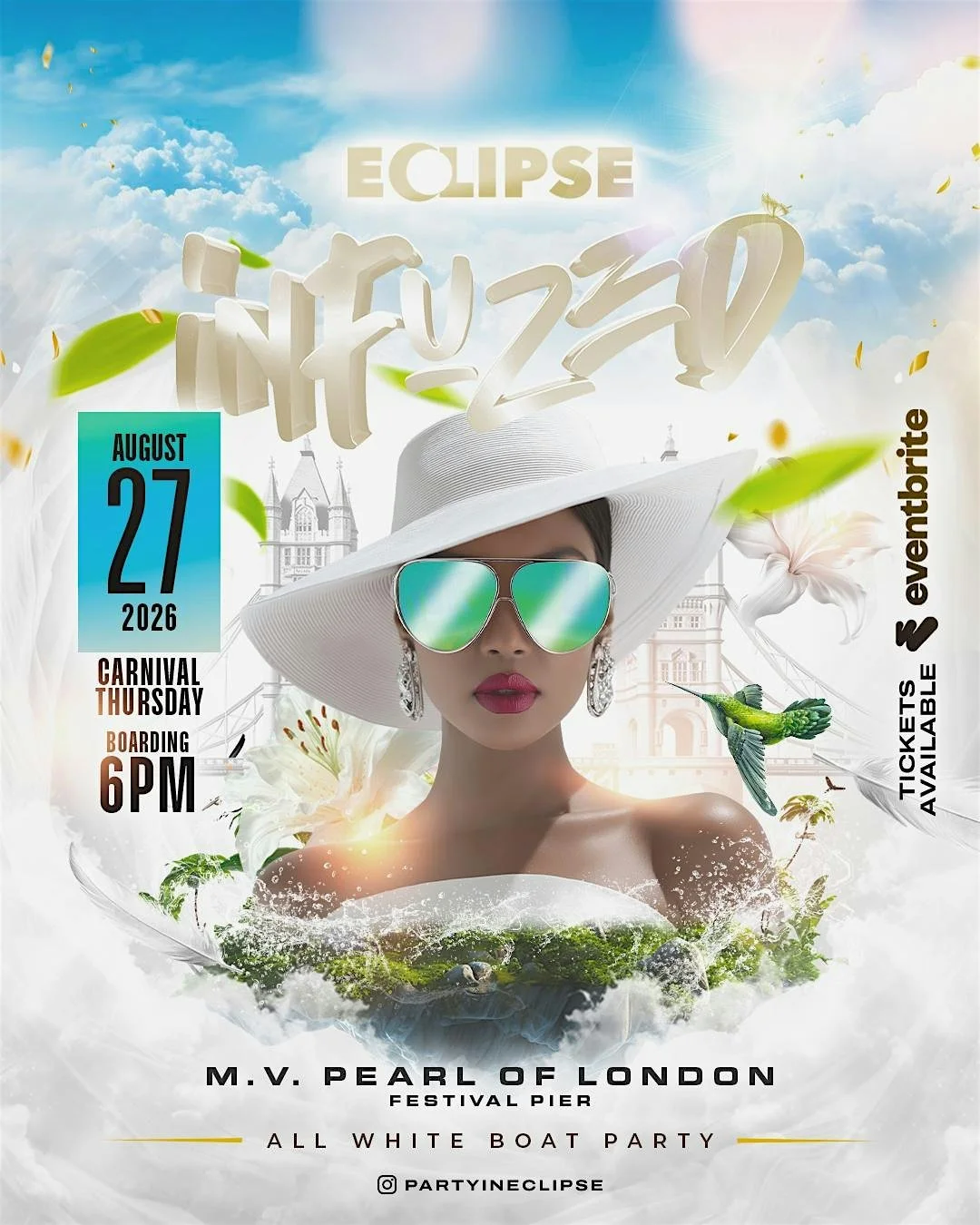 Promotional poster for an event called 'Eclipse' scheduled for August 27, 2026, at 6 PM at the M.V. Pearl of London Festival Pier, featuring an all-white boat party with tickets available, with a woman wearing a large white hat, mirrored sunglasses, 