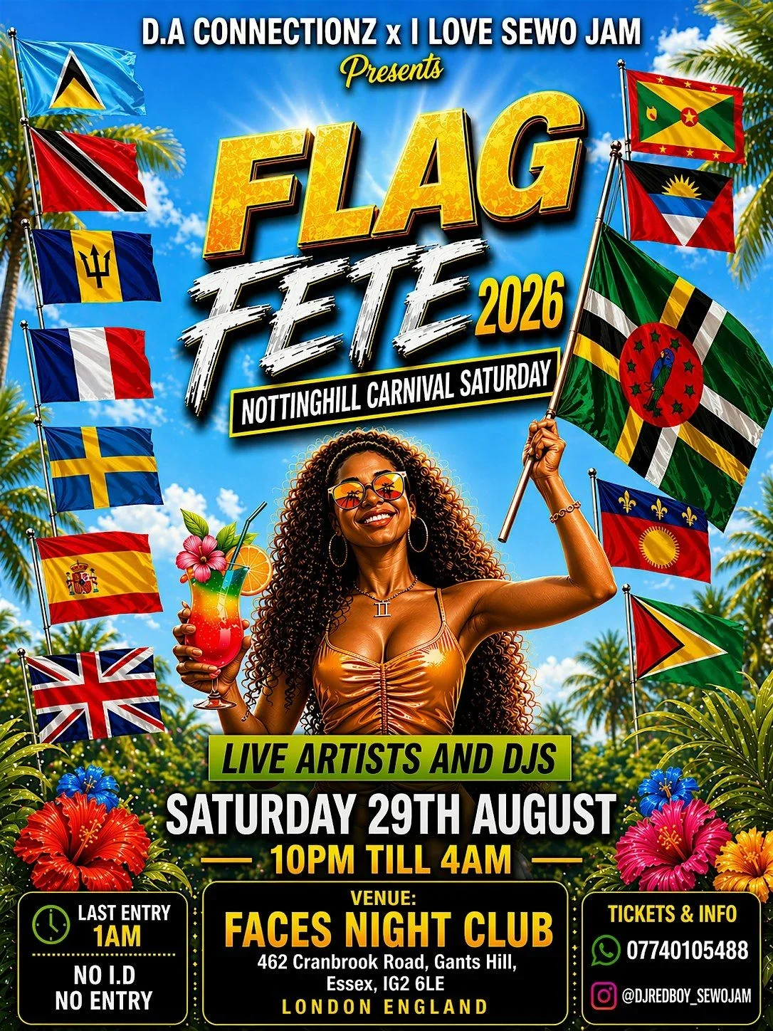 Colorful poster advertising the Flag Fete 2026 event, featuring a woman holding a cocktail and waving several international flags, with palm trees and a blue sky in the background. The event is scheduled for August 29th at Faces Night Club in Essex, 