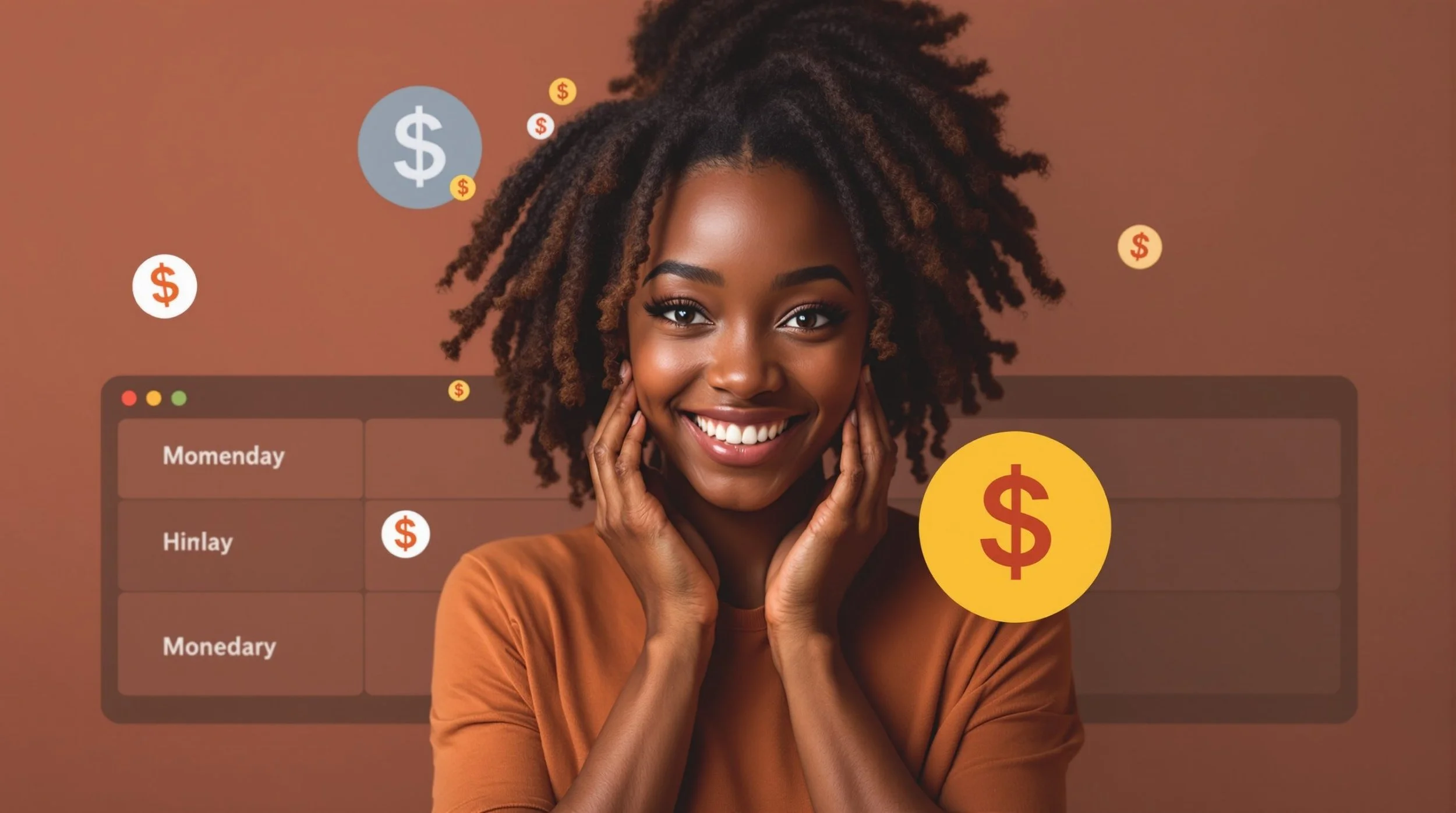 A smiling woman with natural curly hair, wearing an orange shirt, surrounded by dollar signs and a digital finance chart, symbolizing financial success or management.