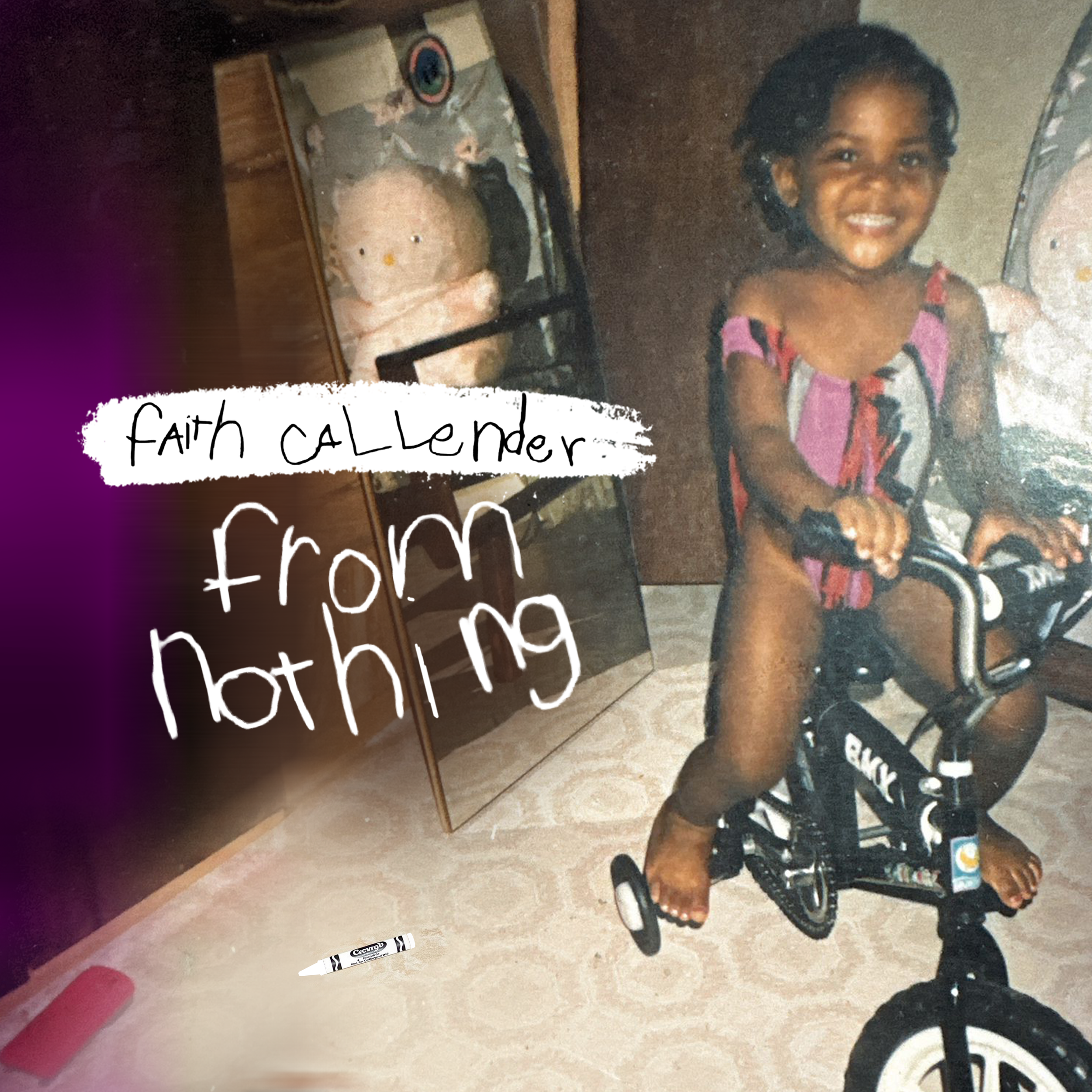 A young girl with curly hair smiling and sitting on a small black bicycle, wearing a colorful dress. In the background, there is a teddy bear and a mirror. Text overlay reads 'faith caller from nothing'.