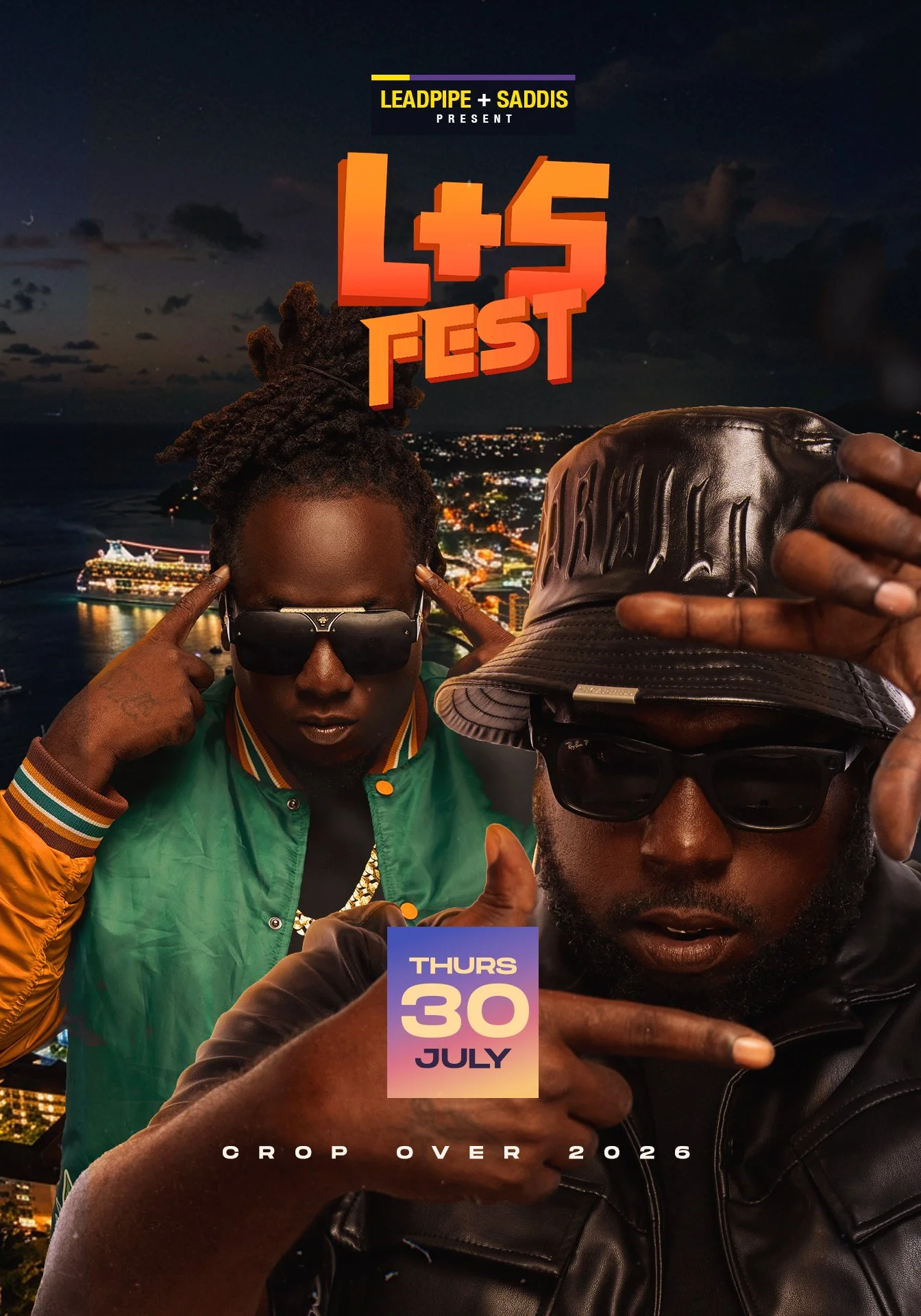 Two men wearing sunglasses and stylish clothing posing with a cityscape at night in the background, with promotional text for an event on July 30th.
