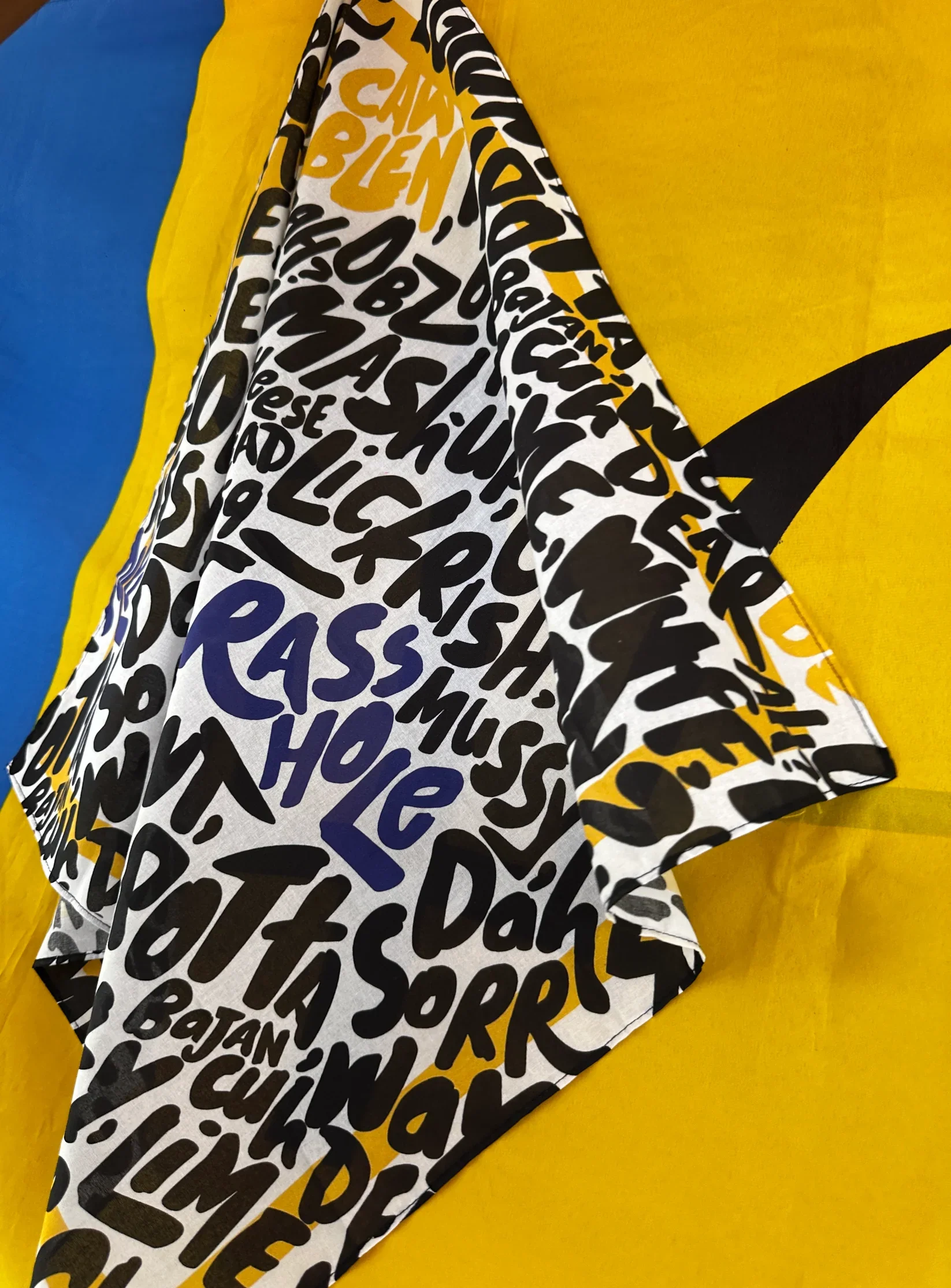 A piece of fabric with black handwritten words and phrases on a white background, with some words in blue, draped over a yellow surface.