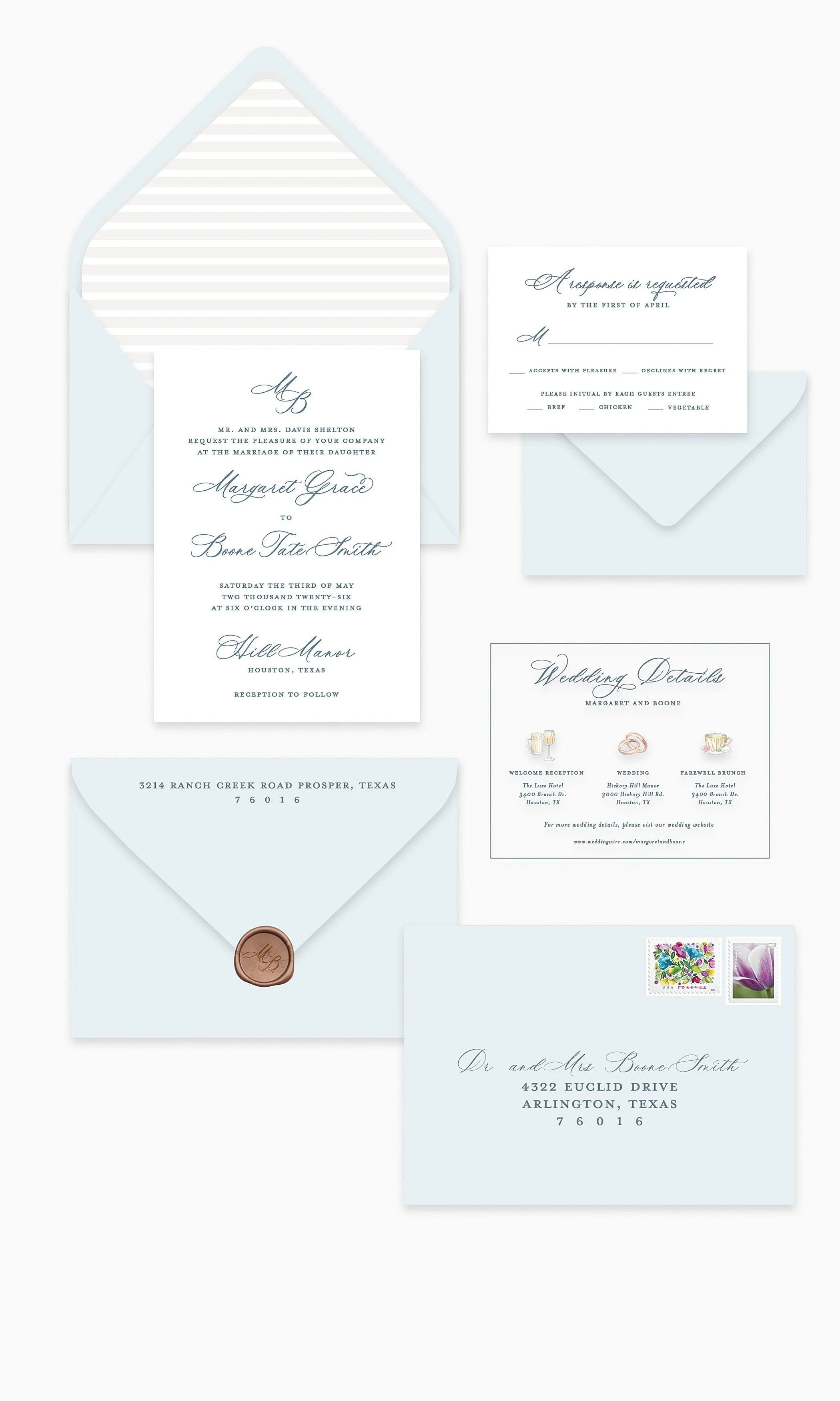 Wedding invitation suite with navy monogram and detail card with events.