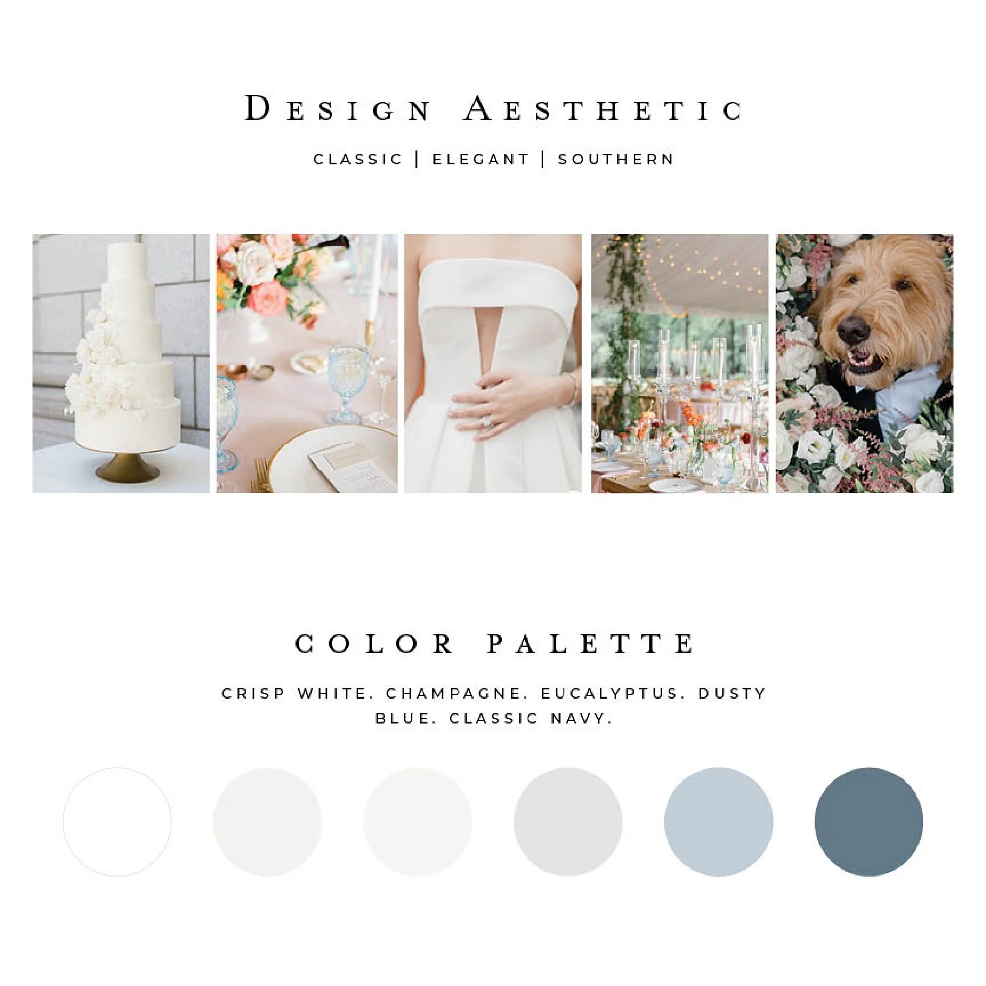 Wedding design sample with color palette for a classic, traditional, southern bride.