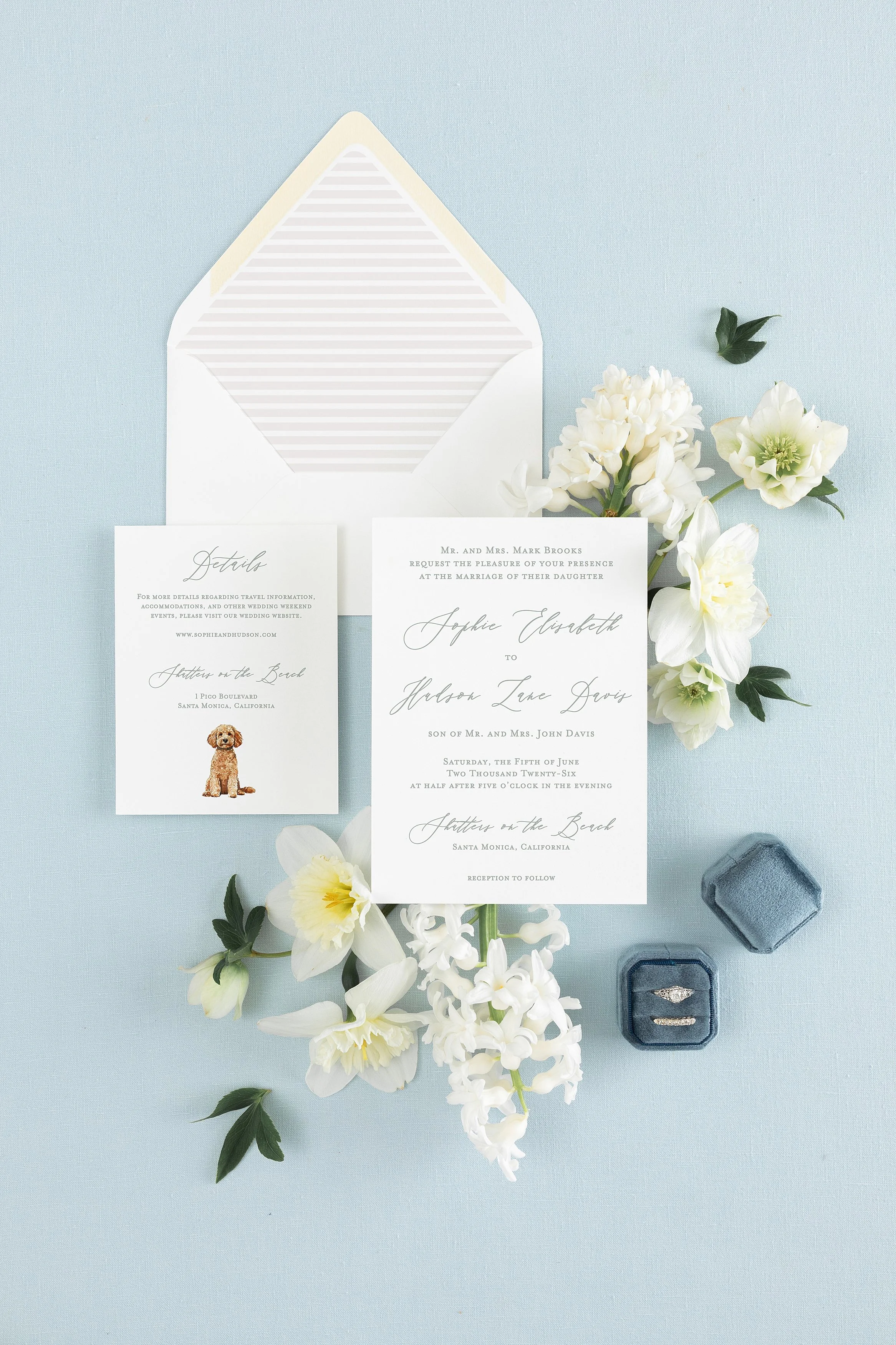 Sage green wedding invitation with goldendoodle