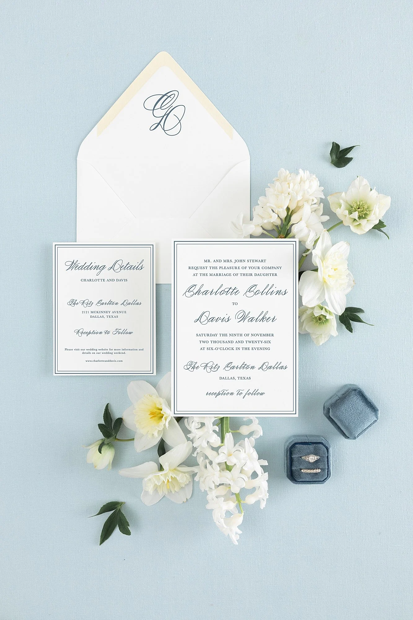 Navy traditional wedding invitation with border
