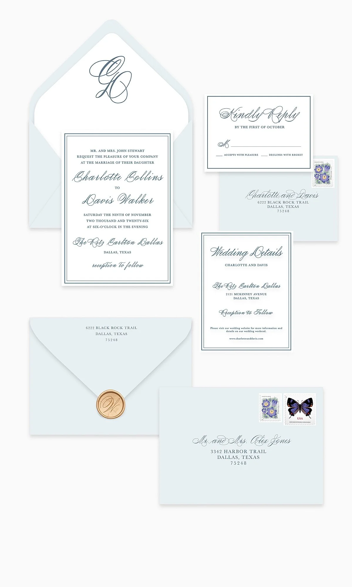 Sample wedding suite with navy border and script.