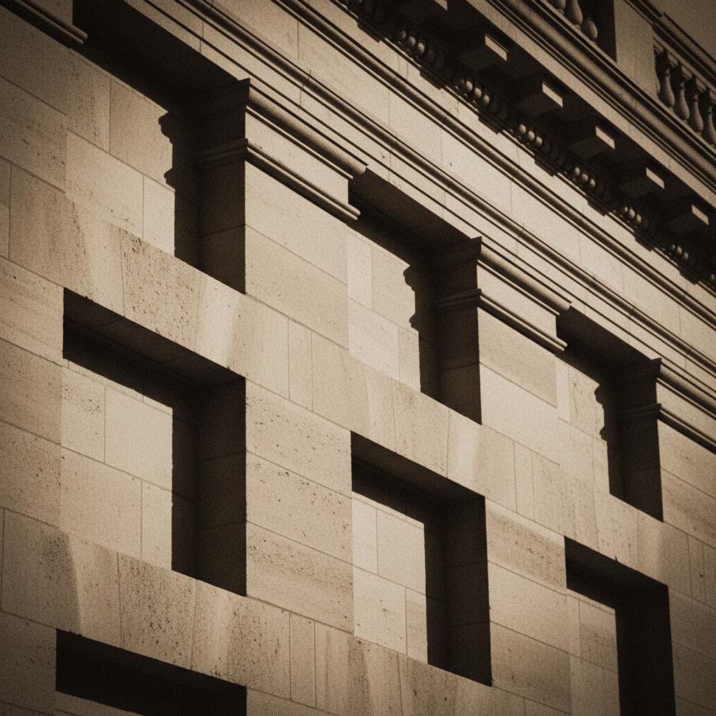 Close-up view of a classical stone building facade with rectangular windows and decorative cornices.