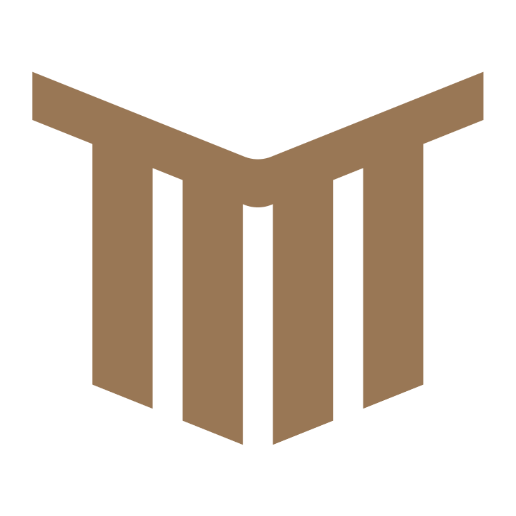 Stylized brown and black emblem resembling a shield or logo with vertical lines and a V-shape at the top.