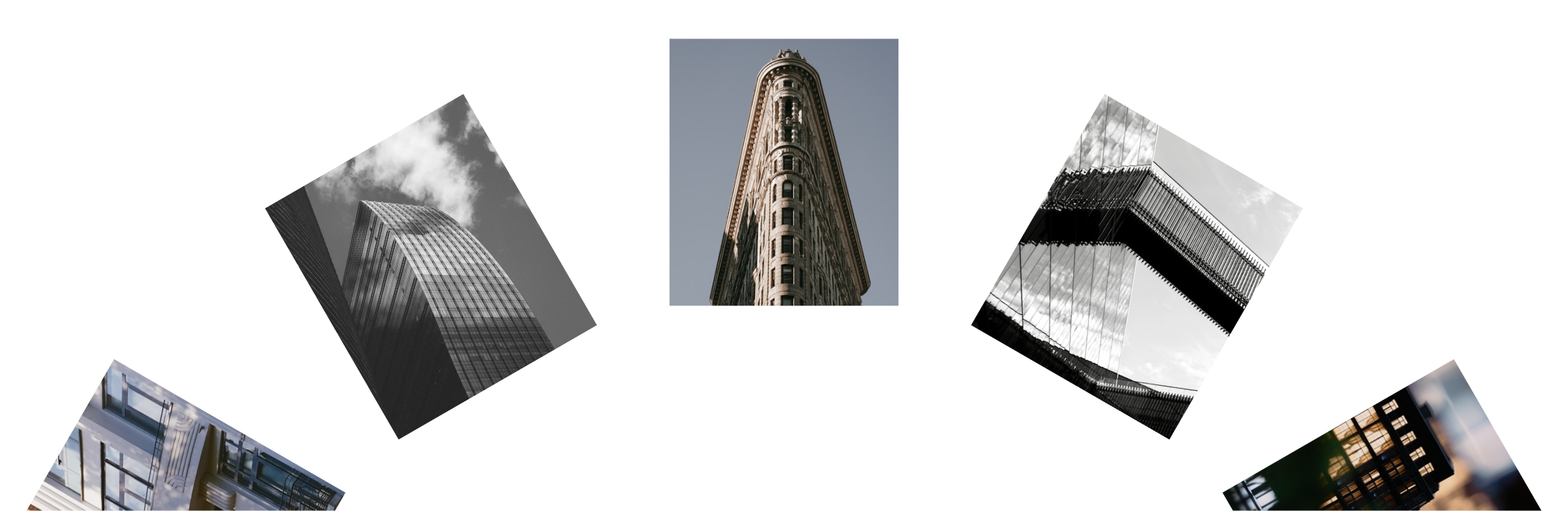 A collage of modern skyscrapers and a historic building with a rounded corner, set against a partly cloudy sky.