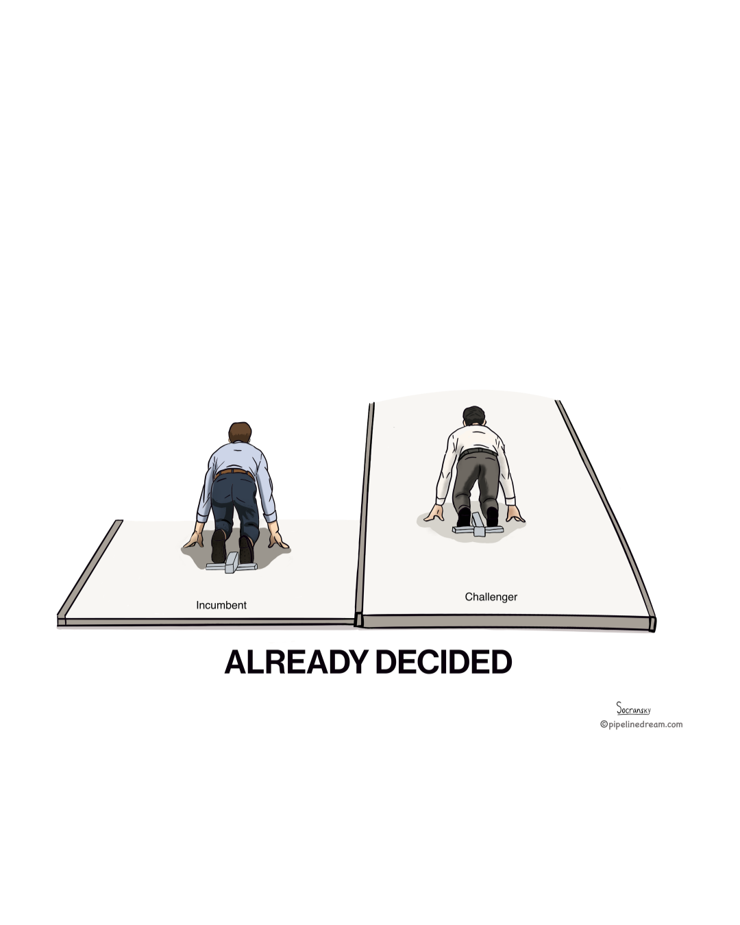Comparison of two people in a starting position on separate race tracks labeled 'Incumbent' and 'Challenger,' with the words 'Already Decided' below.