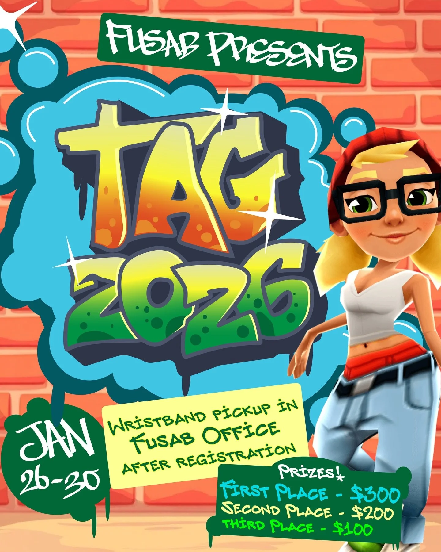 🚨 TAG IS BACK: SUBWAY SURFERS EDITION 🛹💨

Think you&rsquo;ve got what it takes to be Furman&rsquo;s fastest? TAG is dropping Jan 26&ndash;30 and the prize path is WILD: 🥇$300 🥈$200 🥉$100
Here&rsquo;s how to get in the game: 🎯 Sign up NOW via t