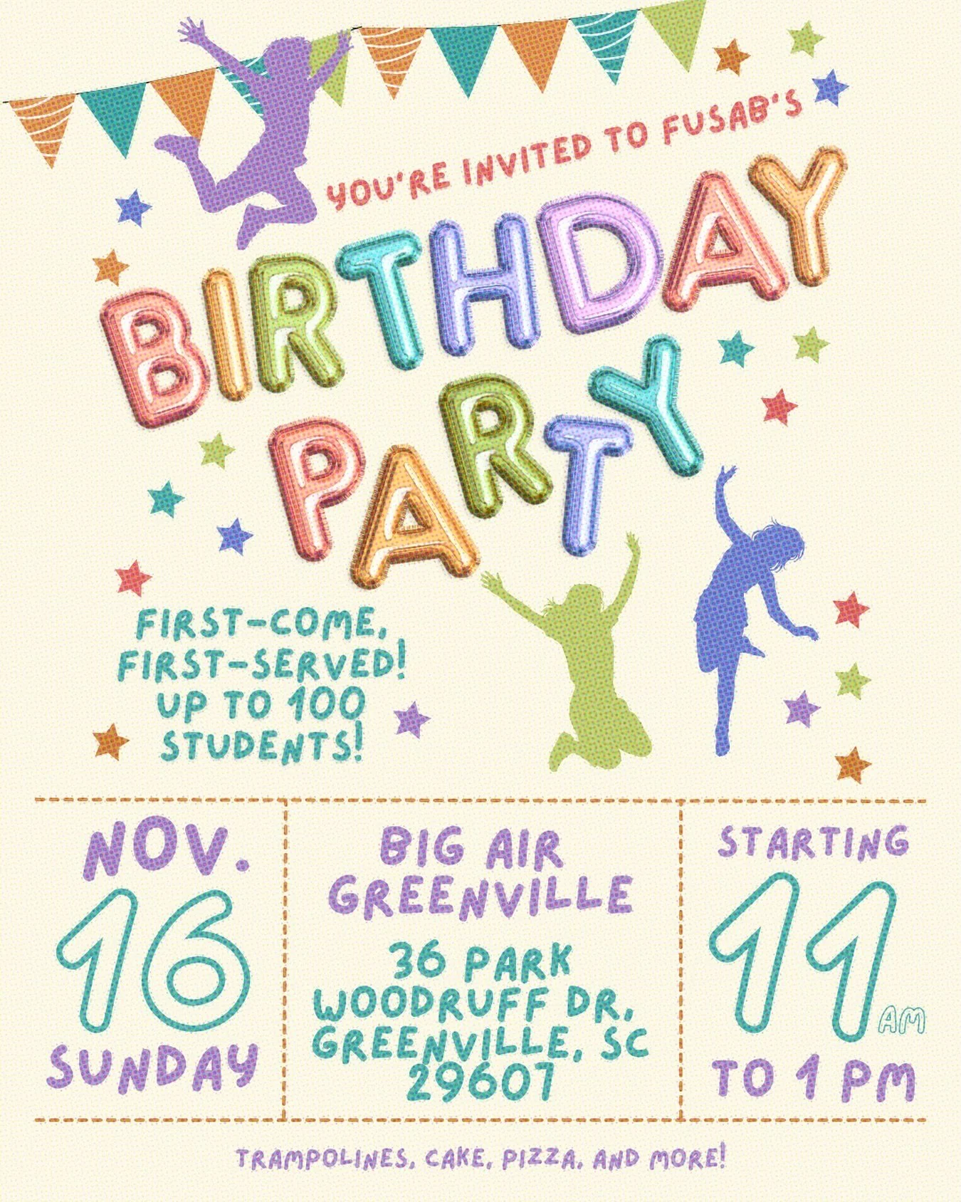 🎉 FUSAB is turning 45 &mdash; and we&rsquo;re celebrating BIG!
Join us off-campus at Big Air Greenville on November 16th from 11 AM&ndash;1 PM for our Birthday Party! 🥳
Enjoy free jumping for the first 100 attendees, plus cake, pizza, and so much m