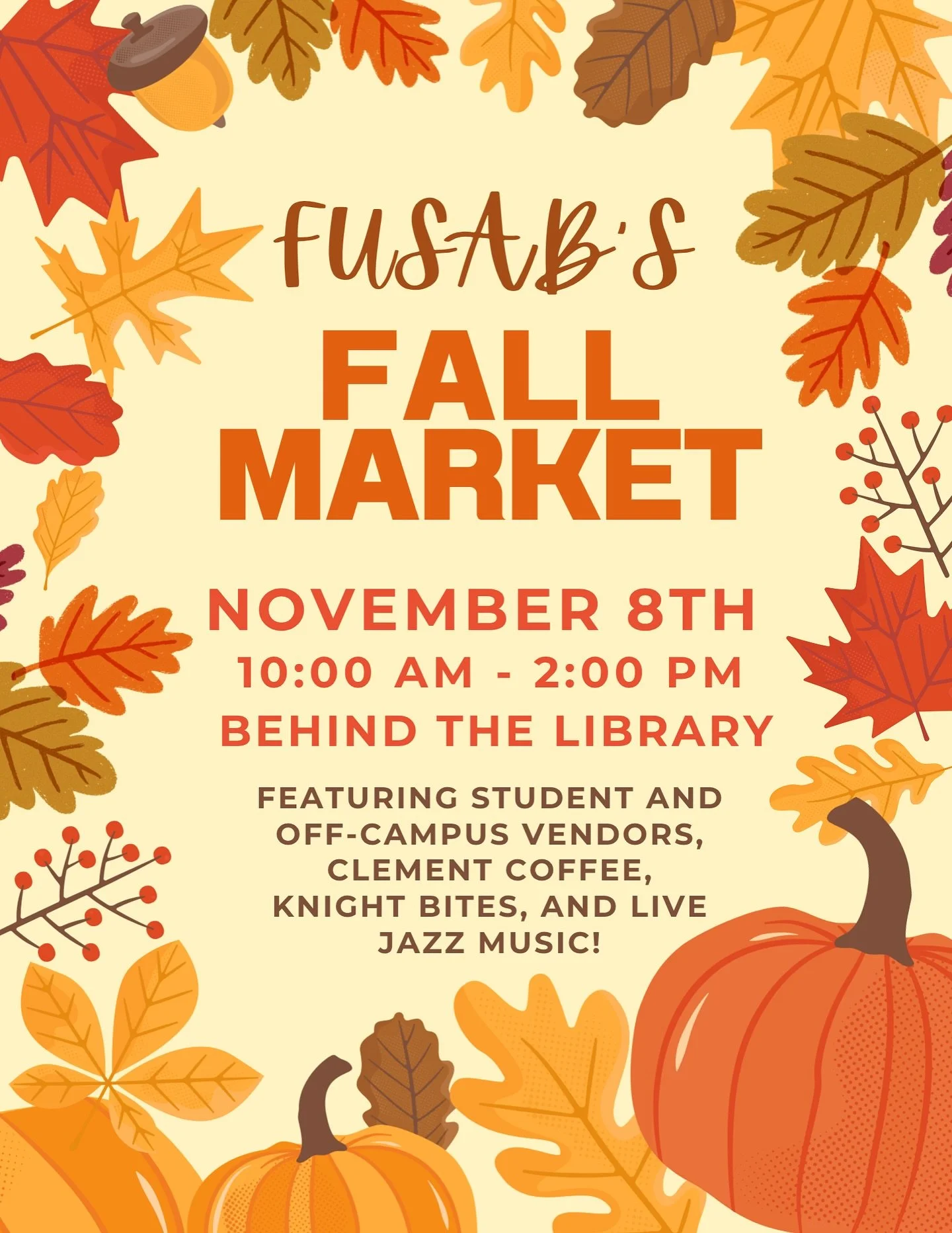 Happy fall y&rsquo;all!! Celebrate the new season at FUSAB&rsquo;s Fall Market! 🍂

SURPRISE! Furman&rsquo;s very own on-campus market is back! This on-campus market features student vendors, off-campus vendors, and a live jazz band! Take a stroll be