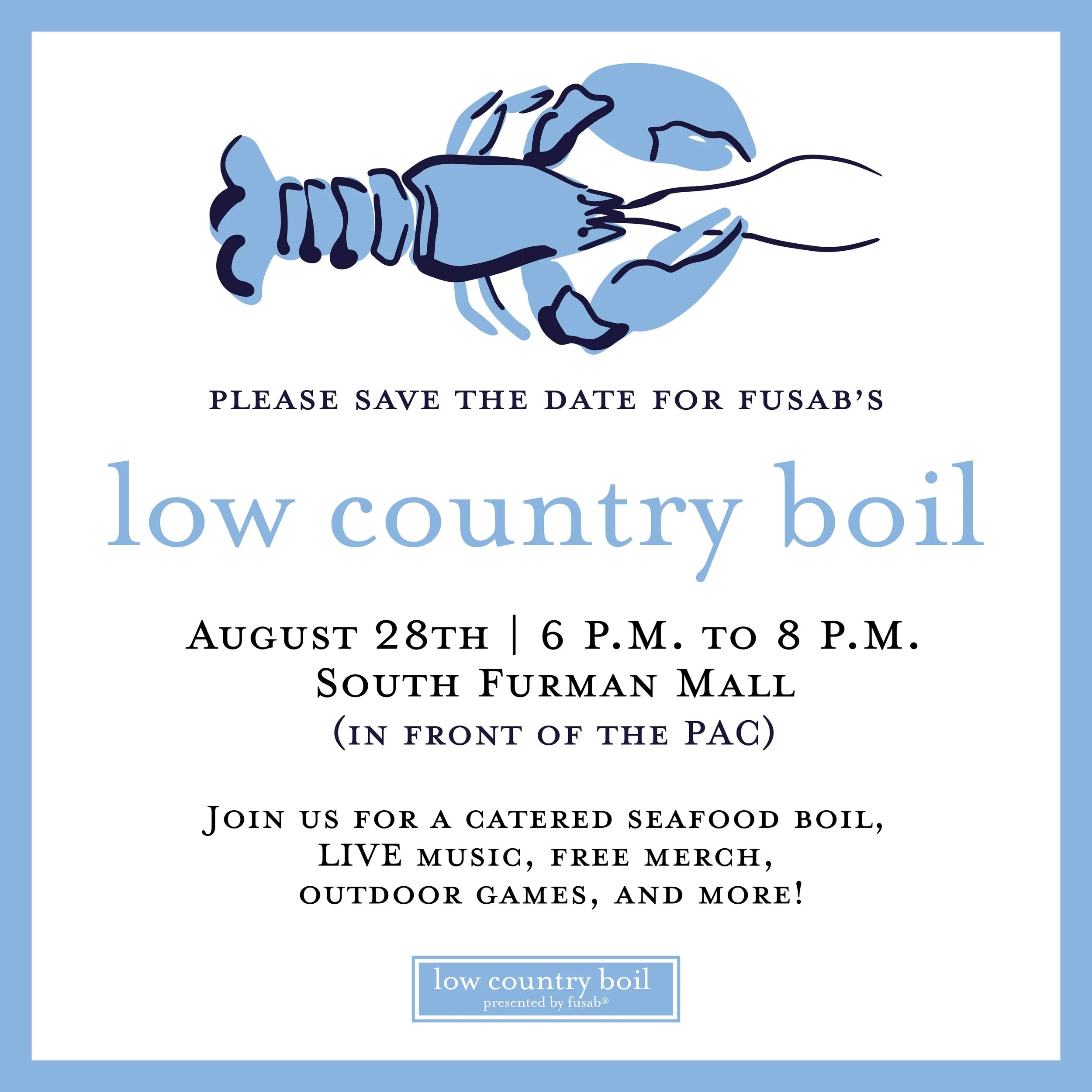 Lowcountry looks pretty good on Furman 🦞⚓️🌊

Join us for FUSAB&rsquo;s Low Country Boil this Friday on South Furman Mall!

🦐 Build your own Low Country Boil bowl
🚩 Craft pennant flags &amp; garlands
🎶 Enjoy live music
🏈Play outdoor games
👕 Plu