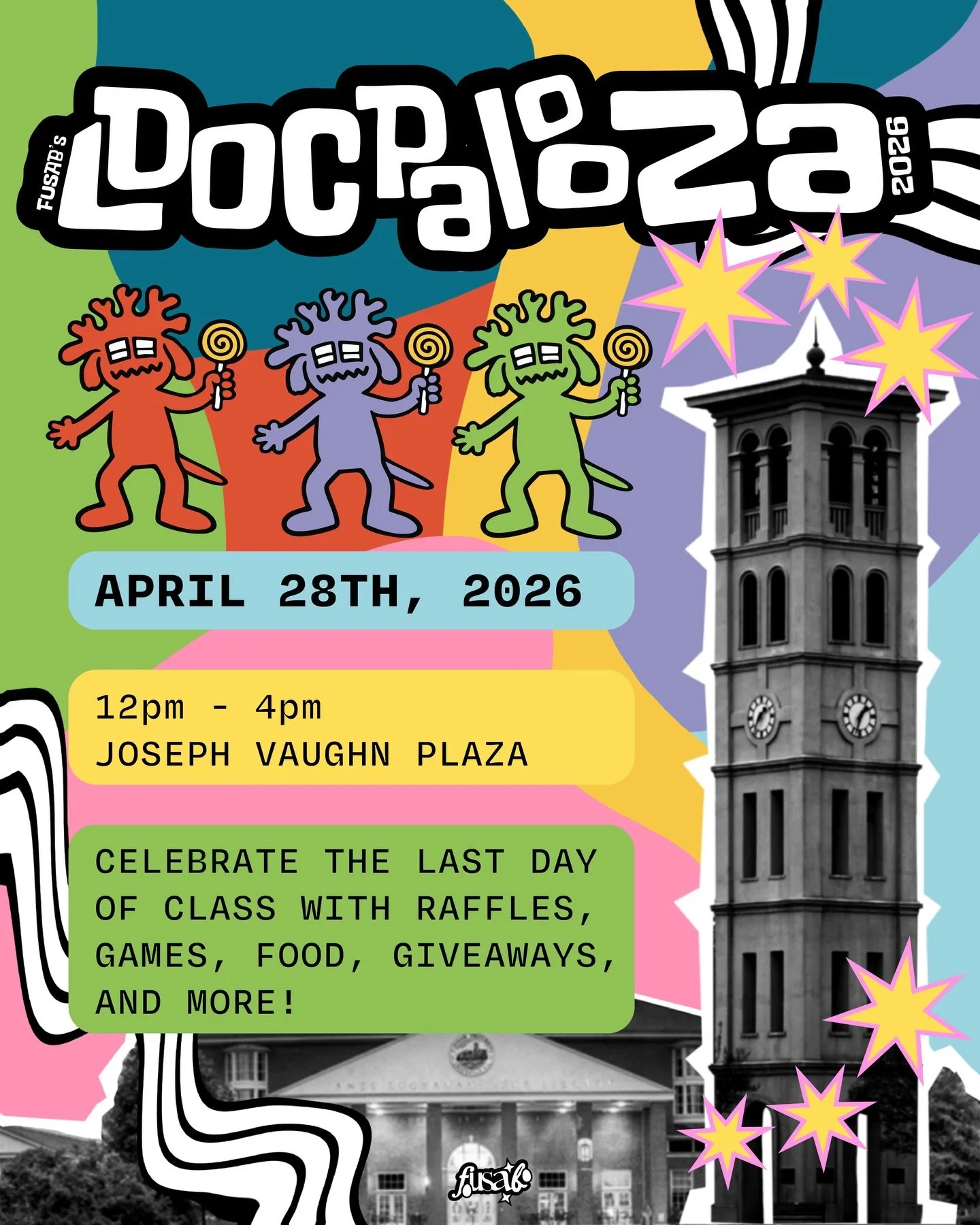 presents: LDOCpalooza 🎡🎶🌈

LDOC is only EIGHT 8️⃣ DAYS AWAY! What better way to spend your last day of class than at an outdoor music festival on Joseph Vaughn Plaza and Milford Mall?

LDOCpalooza brings you:
FREE senior T-Shirts 👕
Food + drinks 