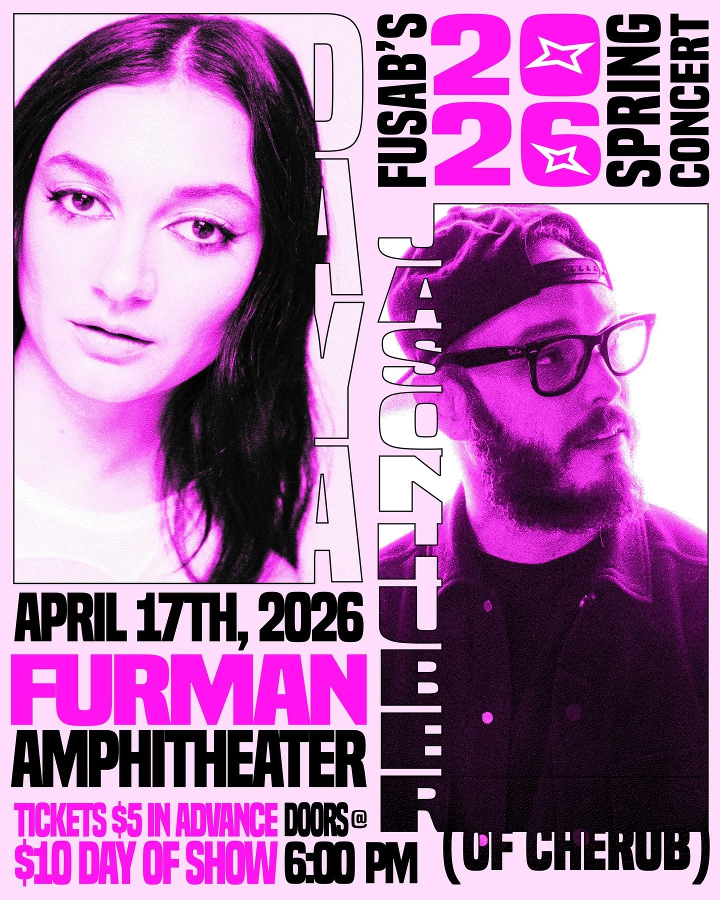 welcomes DAYA and Jason Huber (of Cherub) on April 17th! 🎤

✨ TICKETS ARE ON SALE NOW&mdash; CLICK THE LINK IN OUR BIO or SCAN THE QR CODES AROUND CAMPUS TO RESERVE YOUR SPOT NOW! 🪩

📍 Furman Amphitheater

🎟 $5 students (advance) / $10 day of
🎟 