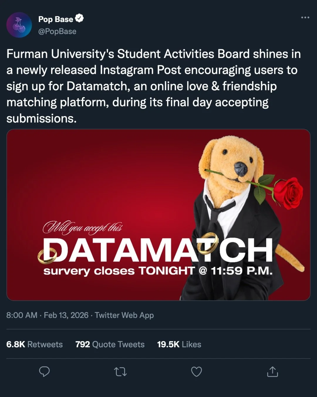 Need a Valentine? SIGN UP FOR DATAMATCH TODAY before 11:59 P.M.‼️🚨💌

This is your FINAL chance to create a new friendship, relationship, or at least&hellip; a really great story&hellip; 🌹🥀

Take the 5-minute survey with your Furman email and get 