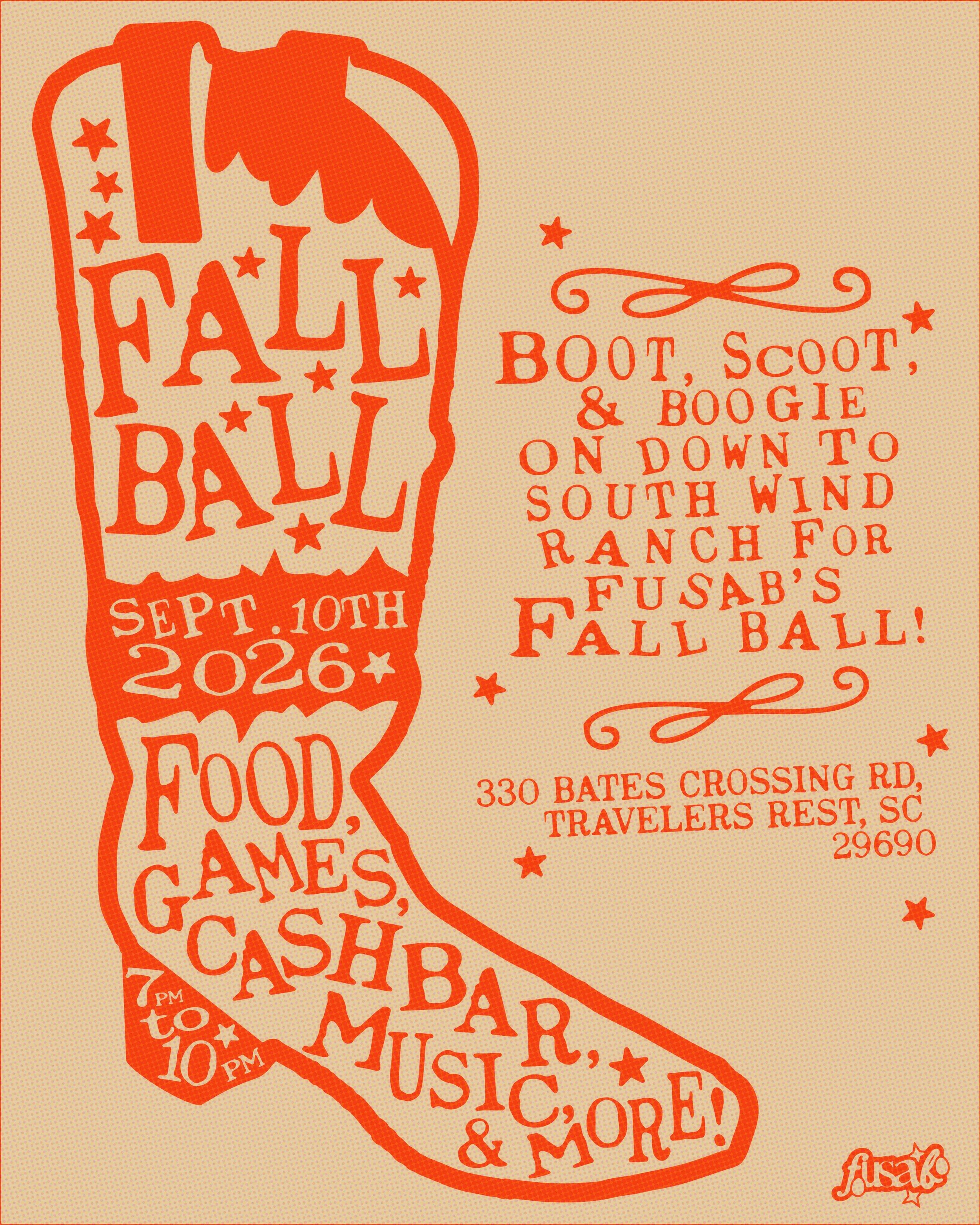 this ain&rsquo;t our first rodeo 🍂

boot, scoot &amp; boogie on down to south wind ranch for FUSAB&rsquo;s fall ball! pull on your boots, denim, sundresses or best western wear for a night of live music, food, outdoor games, a video photo booth and 