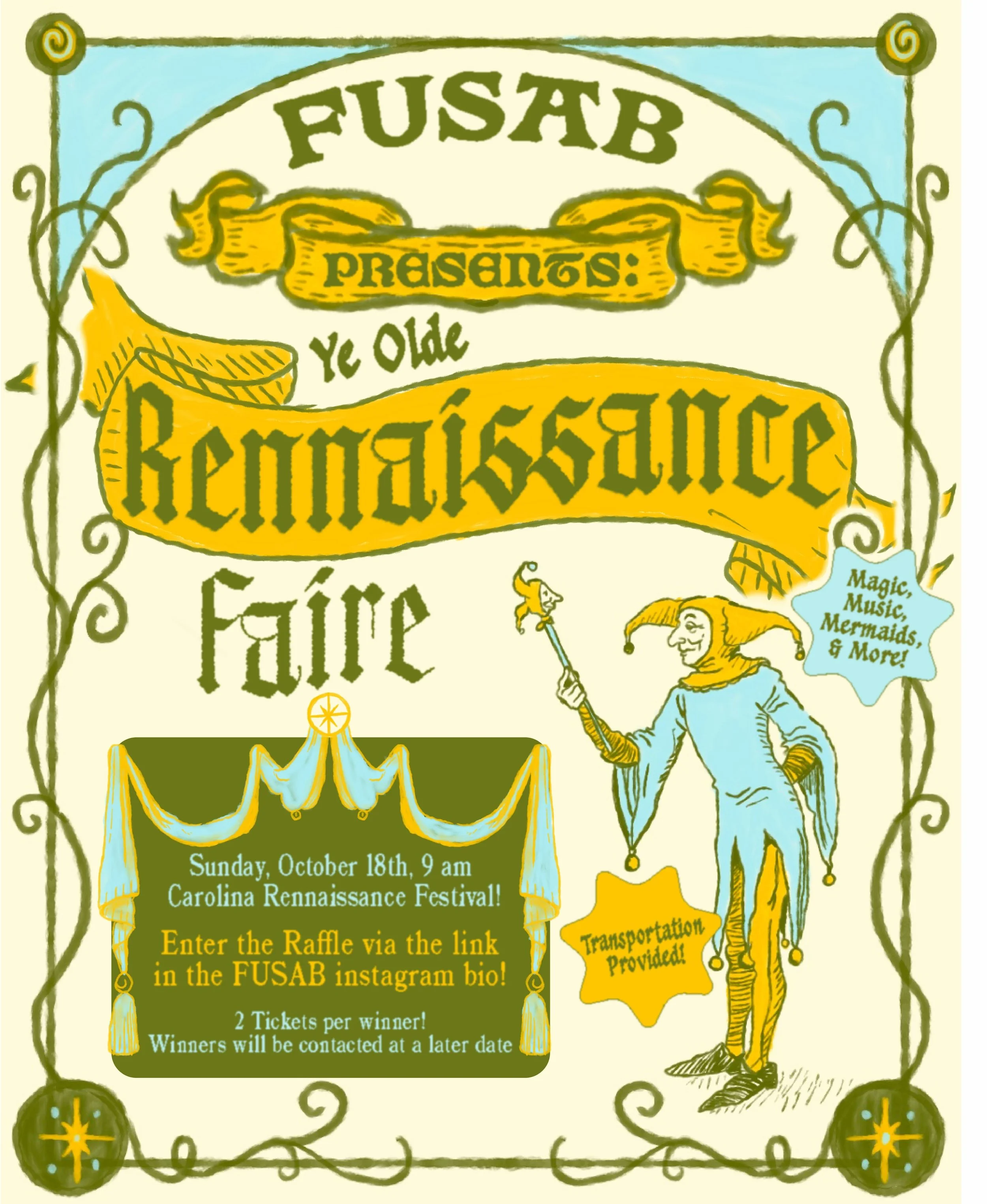 Hear ye, hear ye! 🧌 Fusab presents : Ye Olde Renaissance Faire 🛡️

Huzzah! A great adventure awaits you at the Carolina Renaissance fair on Sunday, October 18th! Come hither and witness knights in armor 🤺, jesters abound🤹&zwj;♂️, craftsmen in act